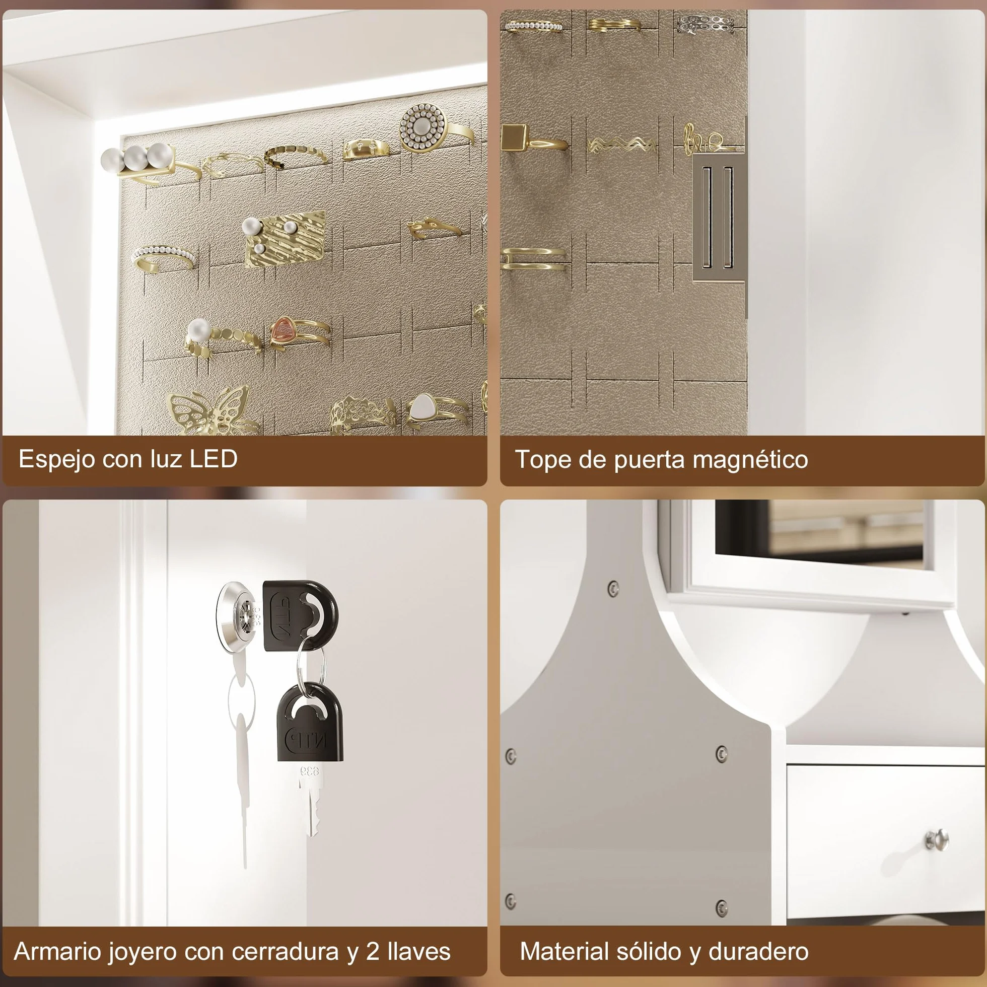 HOMCOM Armario Joyero con Espejo LED, Luces Apagado Automático, Blanco