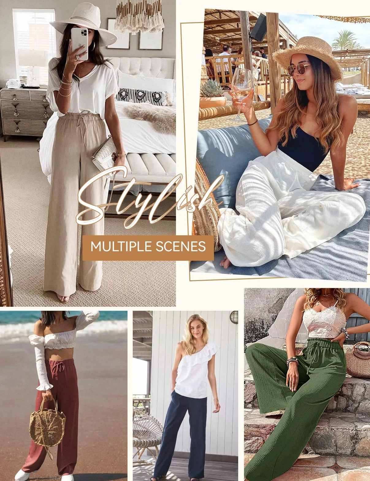 Pantalones Mujer Verano Lino Algodón Cintura Alta Elástica Anchos Casual