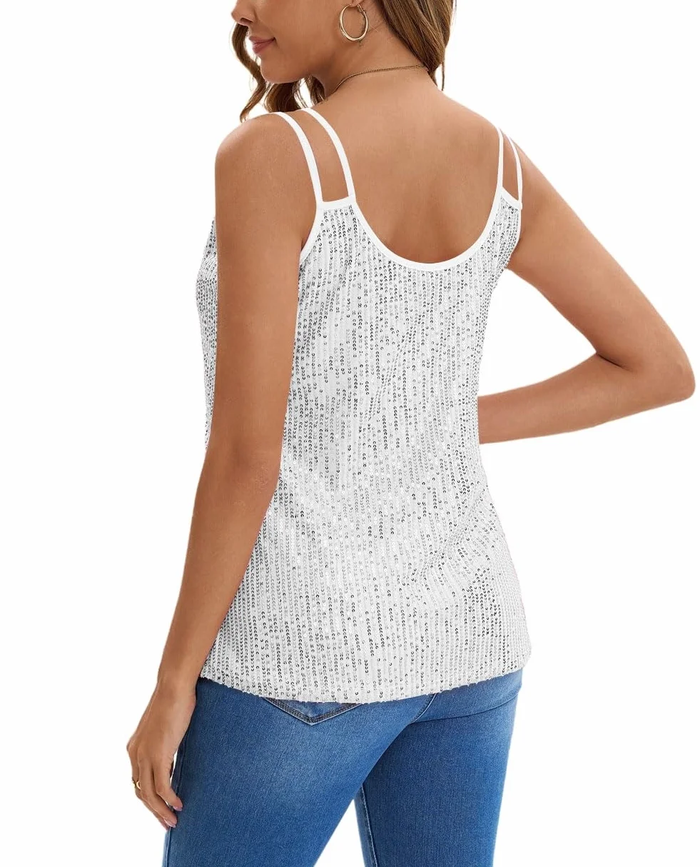 Chalecos sin mangas con lentejuelas para mujer, cuello en V, brillantes