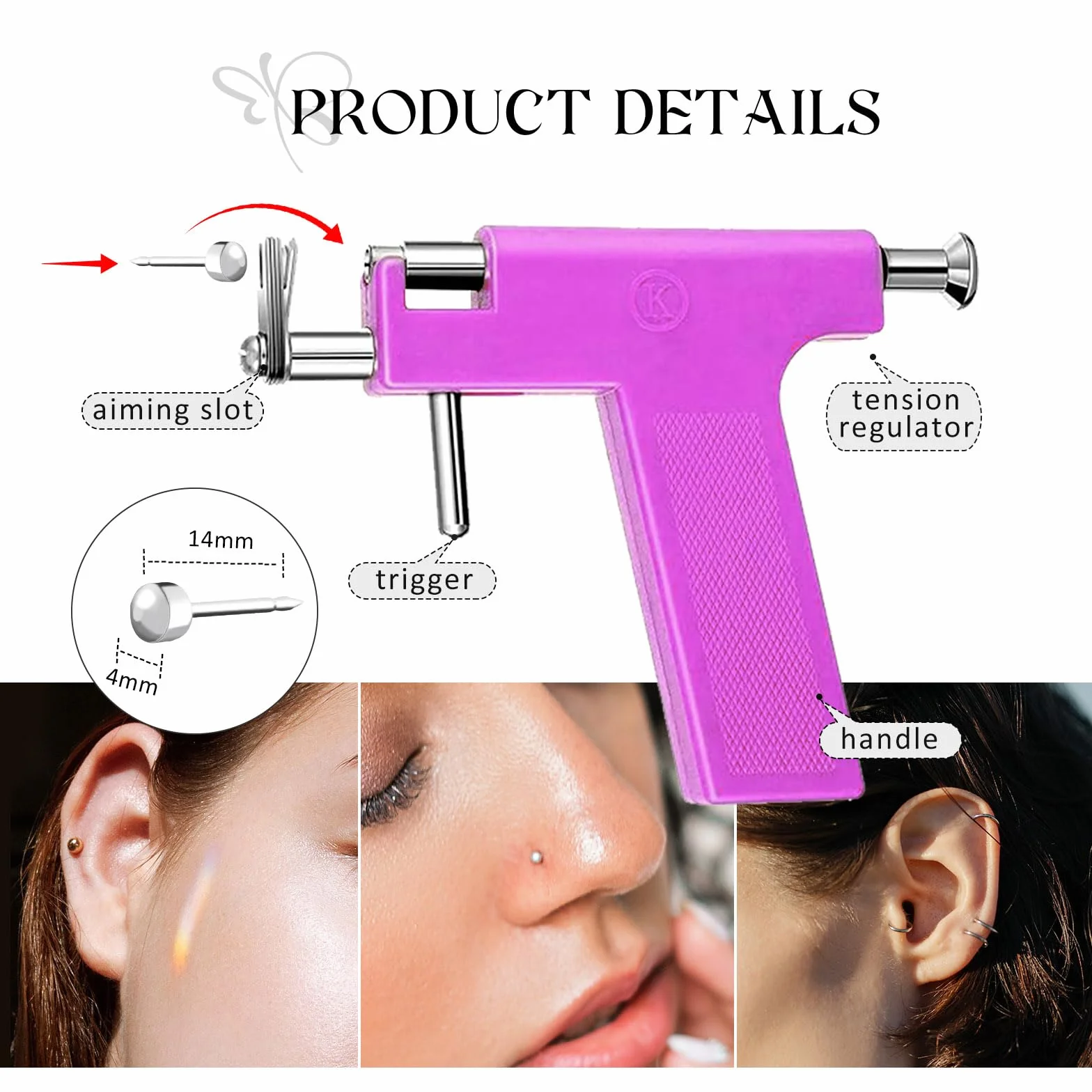 Longbeauty Juego de 224 pistolas perforadoras de acero inoxidable para piercing de oreja