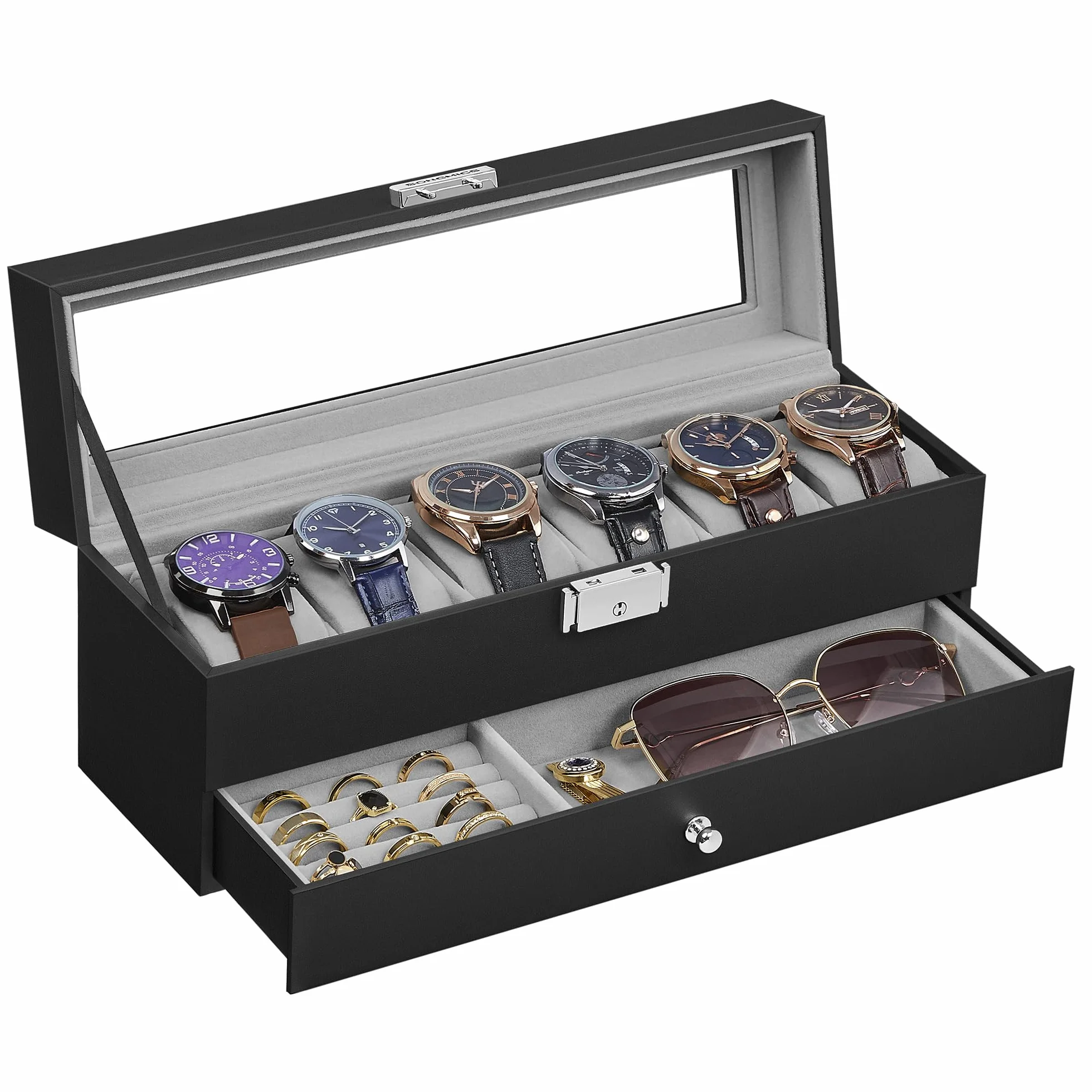 SONGMICS Caja de Reloj 2 Niveles para 6 Relojes, Estuche con Tapa de Cristal y Cerradura, PU Negro