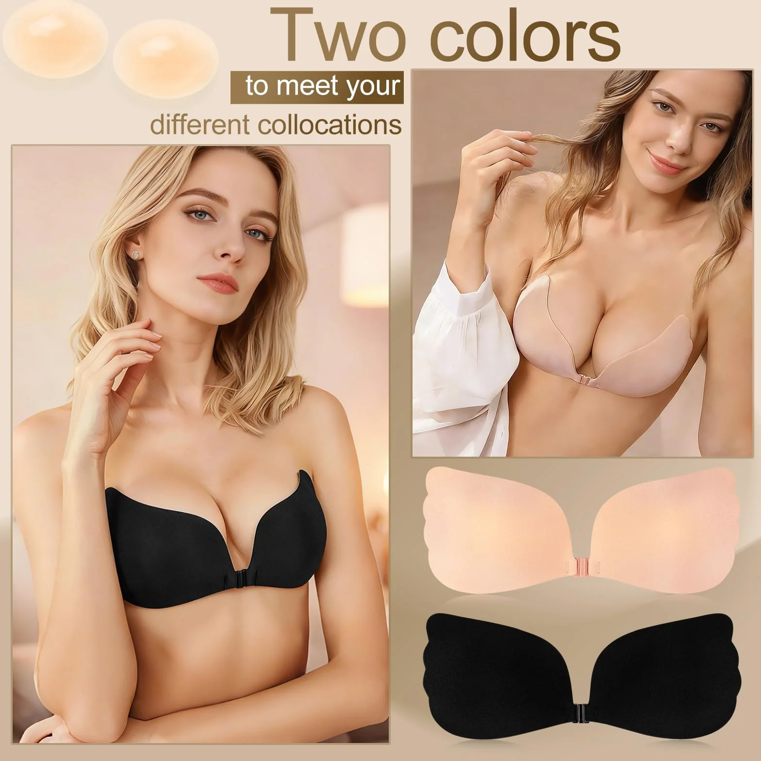 Sujetador Adhesivo Push Up, 2 Piezas Sujetador Invisible Reutilizables con Nipple Cover Sujetador Sin Tirantes Espalda para Mujer