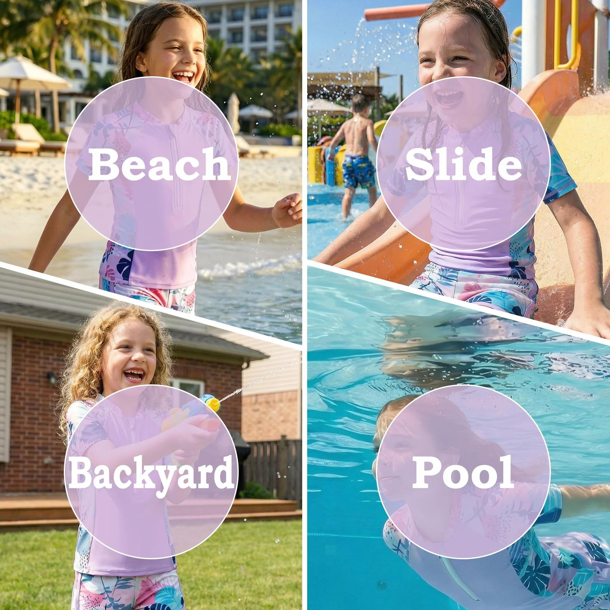 Niñas Traje de Baño 2 Piezas Manga Corta Protección Solar, Secado Rápido Estampado Top con Cremallera y Shorts, Elástico Rash Guard Playa Piscina Bañador Ropa para 5-14 Años