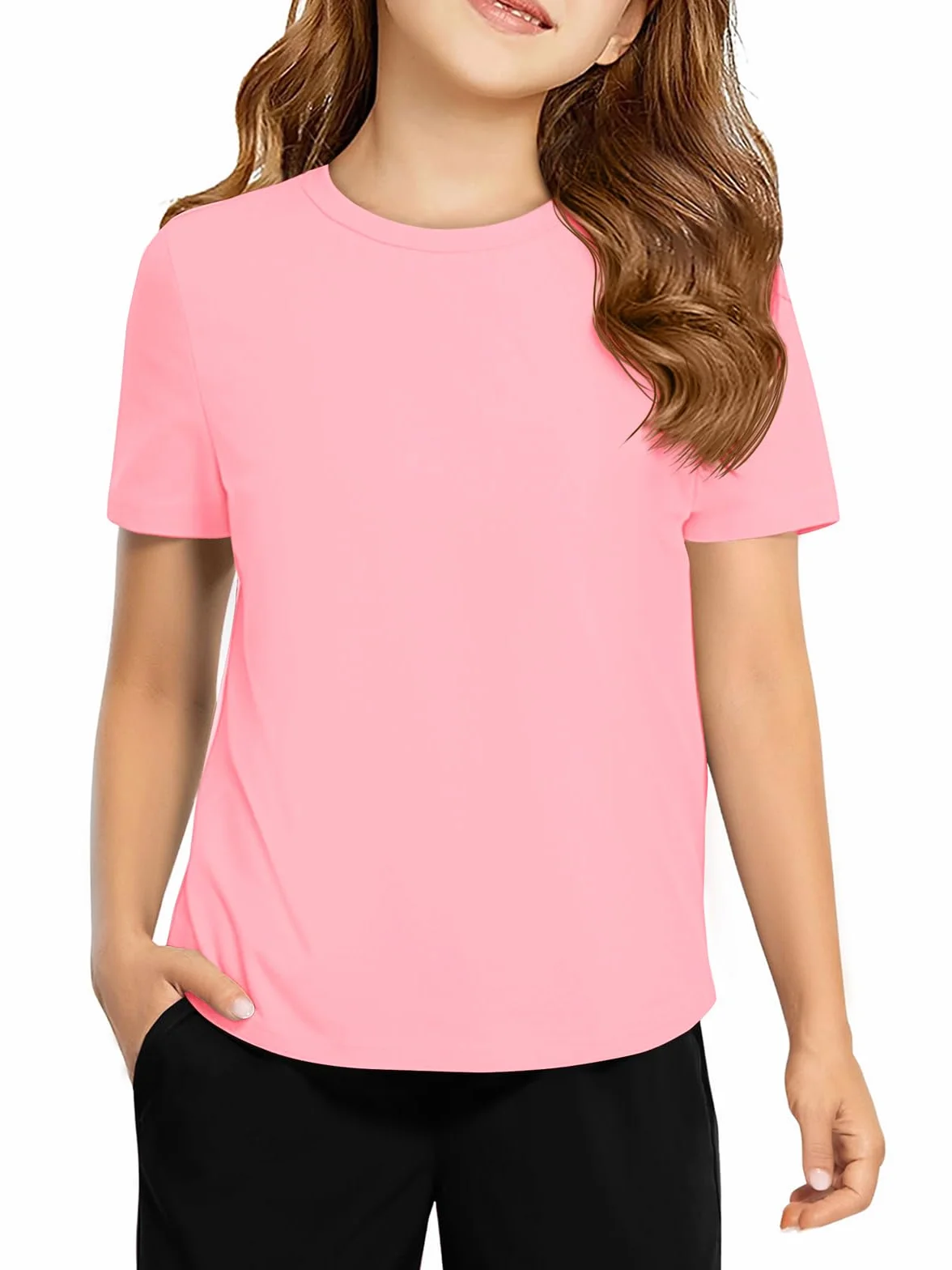 Camisetas atléticas manga corta niñas ajuste seco dobladillo curvado 5-14 años