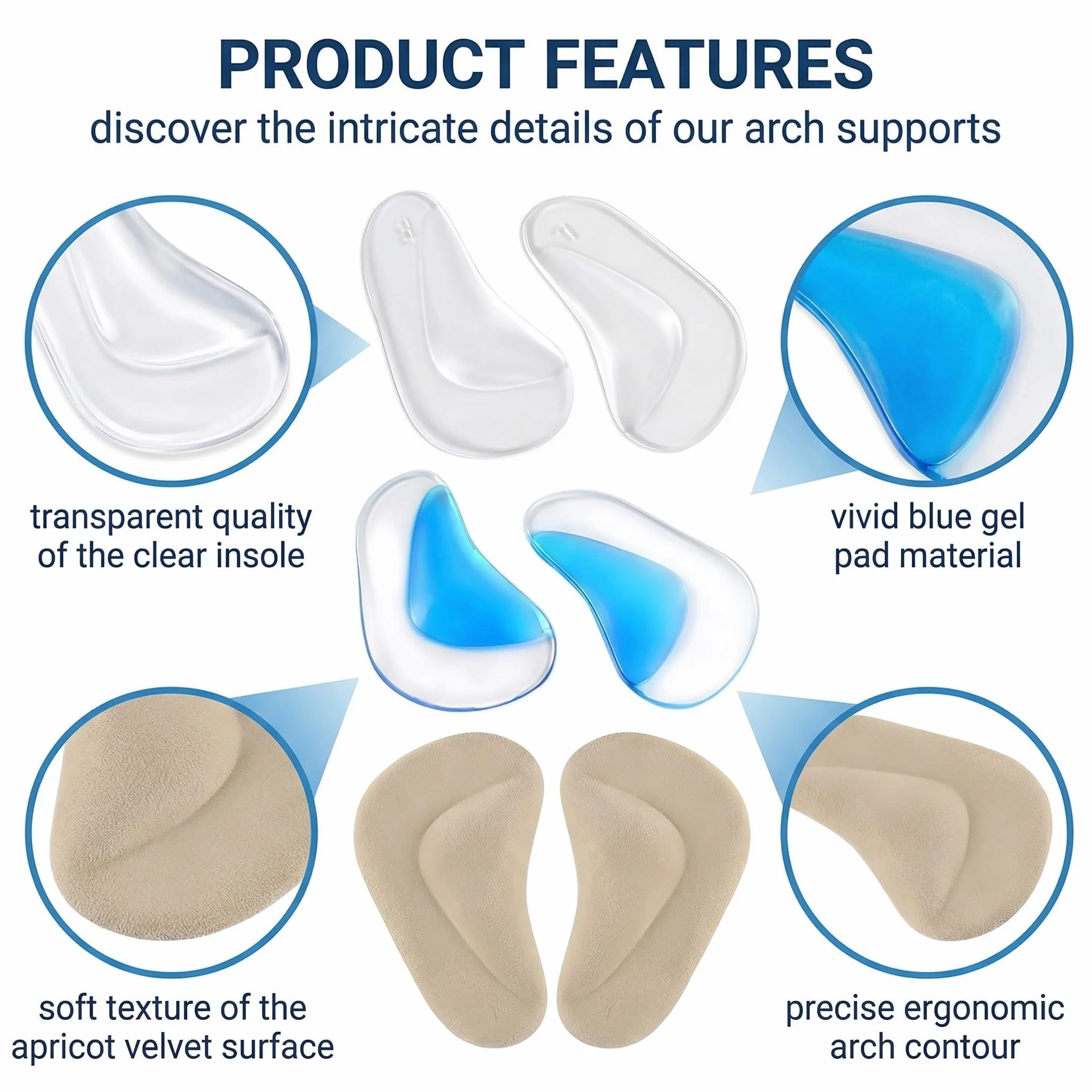 Plantillas Ortopédicas de Silicona para Fascitis Plantar, Soporte de Arco de Gel, 3 Pares