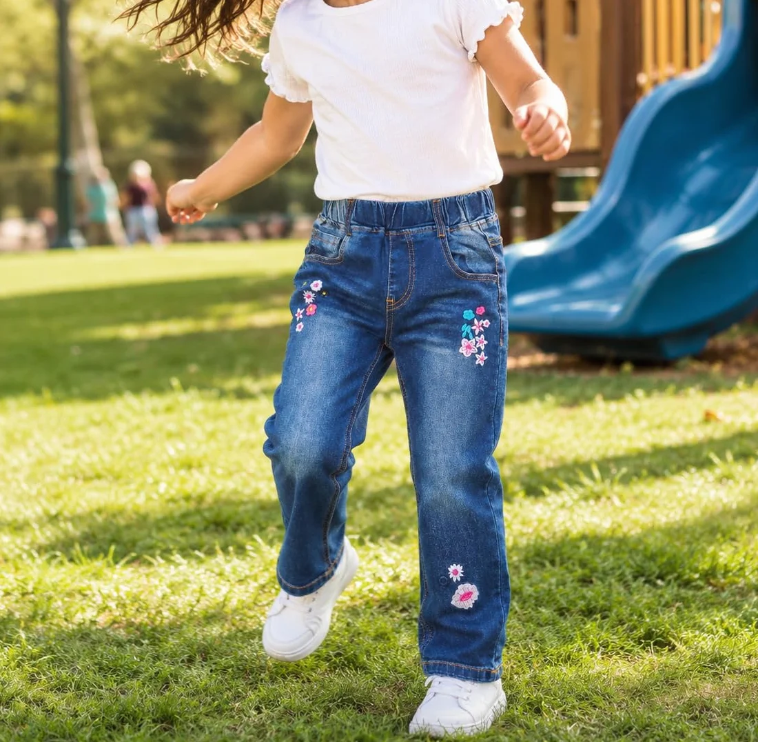 KIDSCOOL SPACE Vaqueros Bordados Niña, Pantalones de Mezclilla con Cintura Elástica