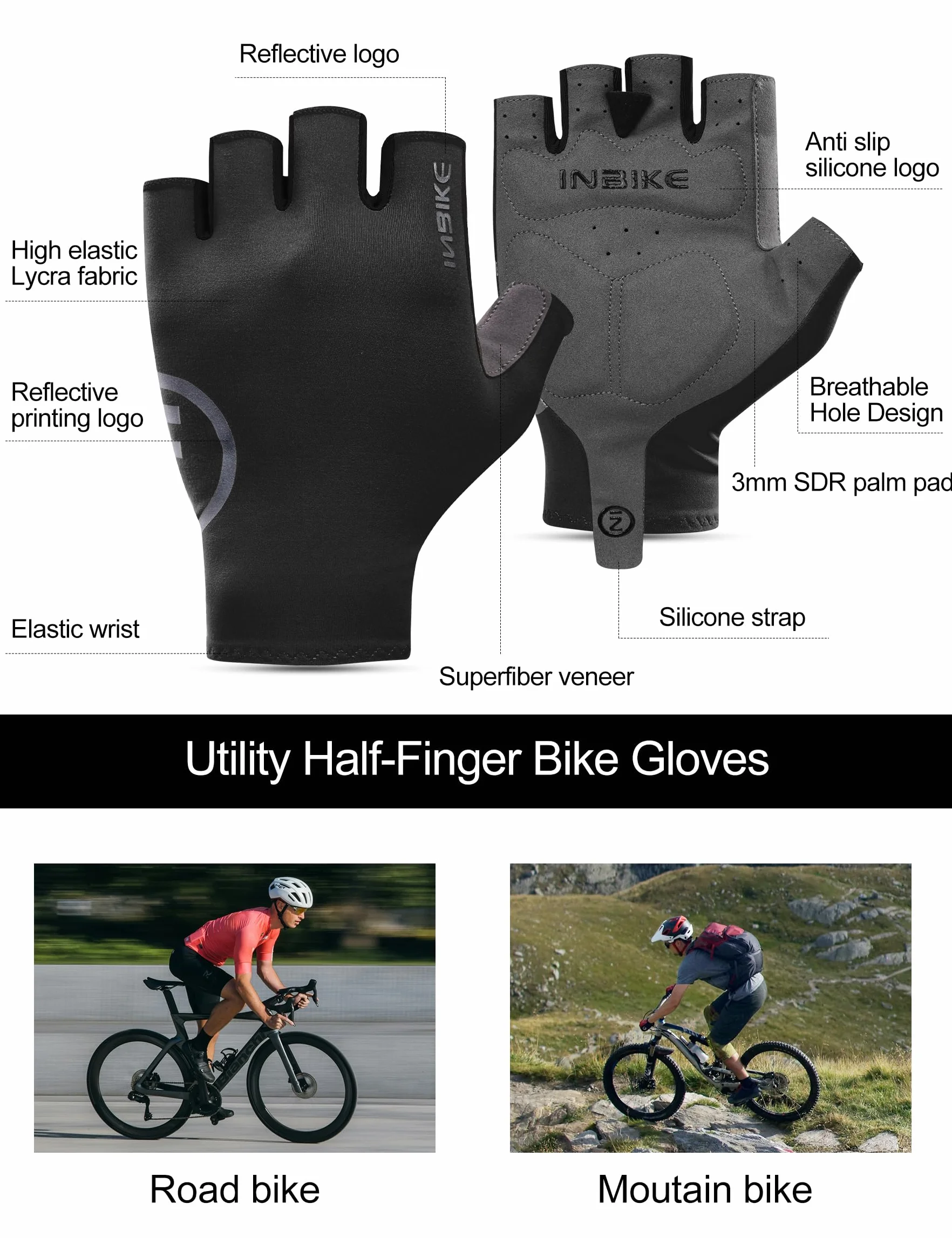 INBIKE Guantes Ciclismo Corto Frescos Verano MTB Hombre Mujer Transpirables Antideslizante Gym Negro Rosa Verde Navy