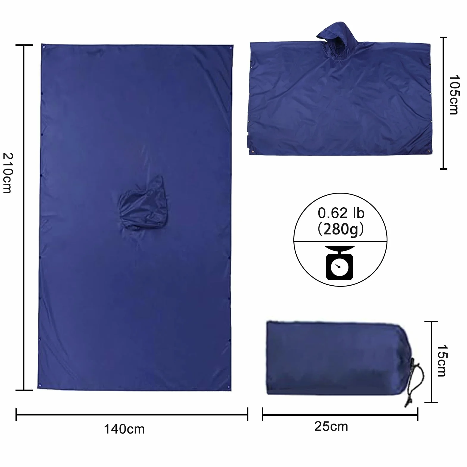 Poncho de Lluvia Impermeable 3 en 1 Multifuncional, Ultrafino Transpirable, Toldo Manta, Estera de Camping, Ligero Reutilizable Azul