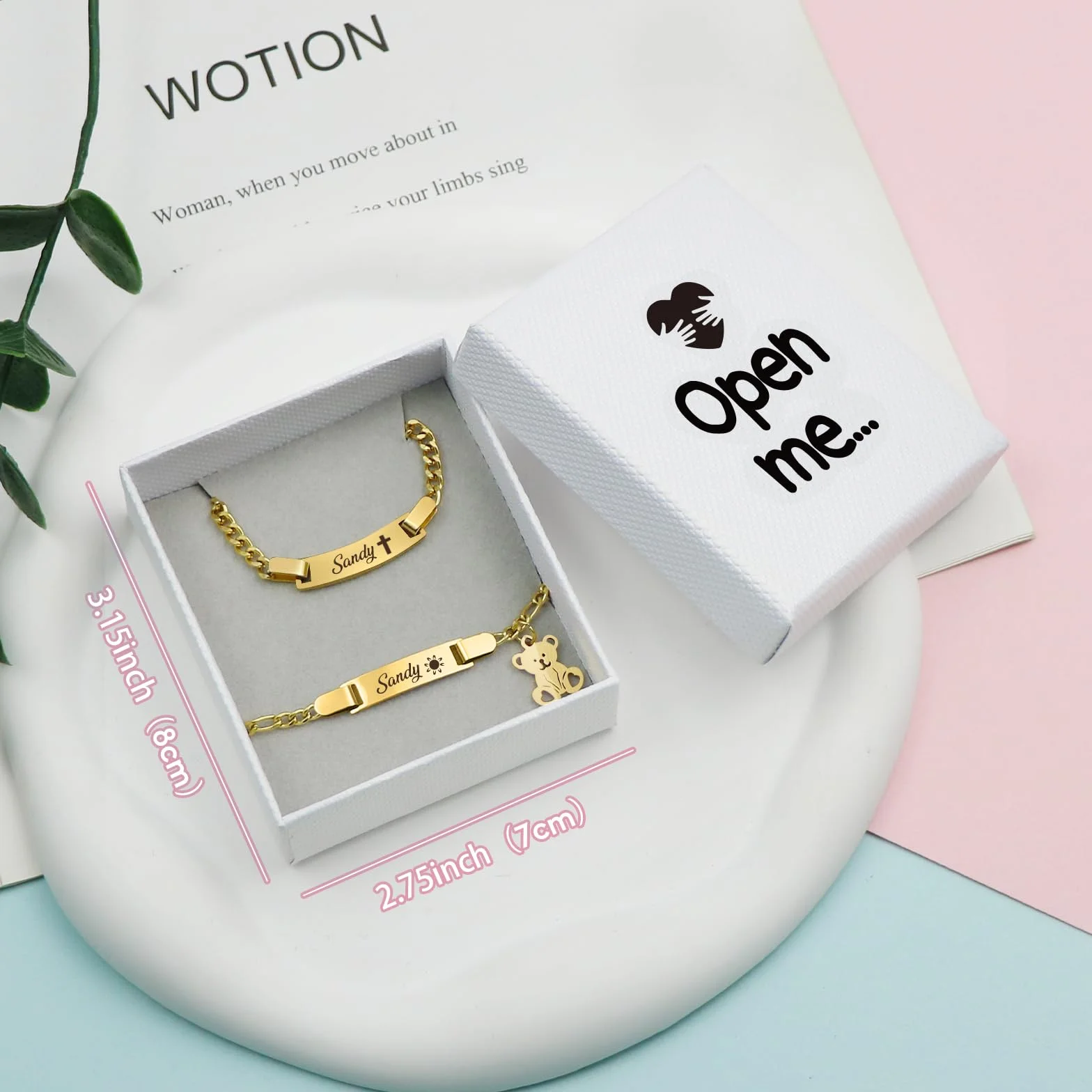 Conjunto de pulsera y collar personalizados con grabado de nombre, texto y fecha de nacimiento para bautizos