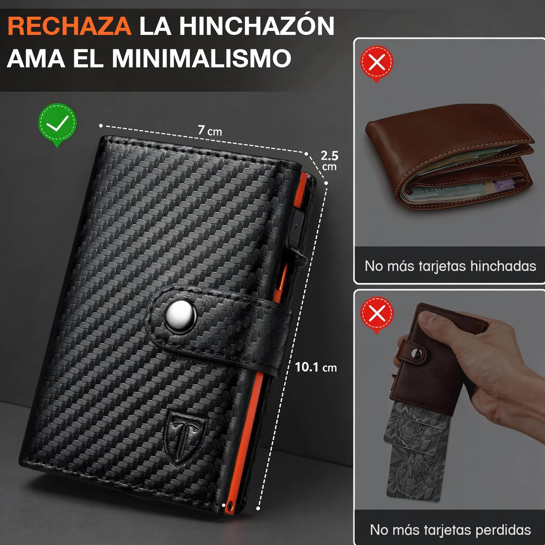TENBST Cartera Hombre Fibra de Carbono RFID Bloqueo Negro-Naranja