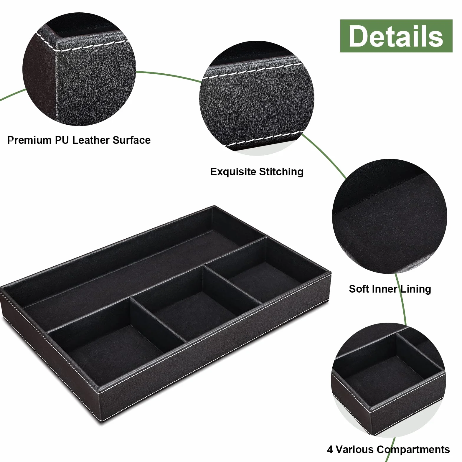 GORESE Bandeja de Valet Cuero, Bandeja Organizador de Escritorio Bandeja de Almacenamiento Aparador Organizador, Captura para Llaves, Teléfono, Billetera, Moneda, Joyería y Mesa de Noche(Negro)
