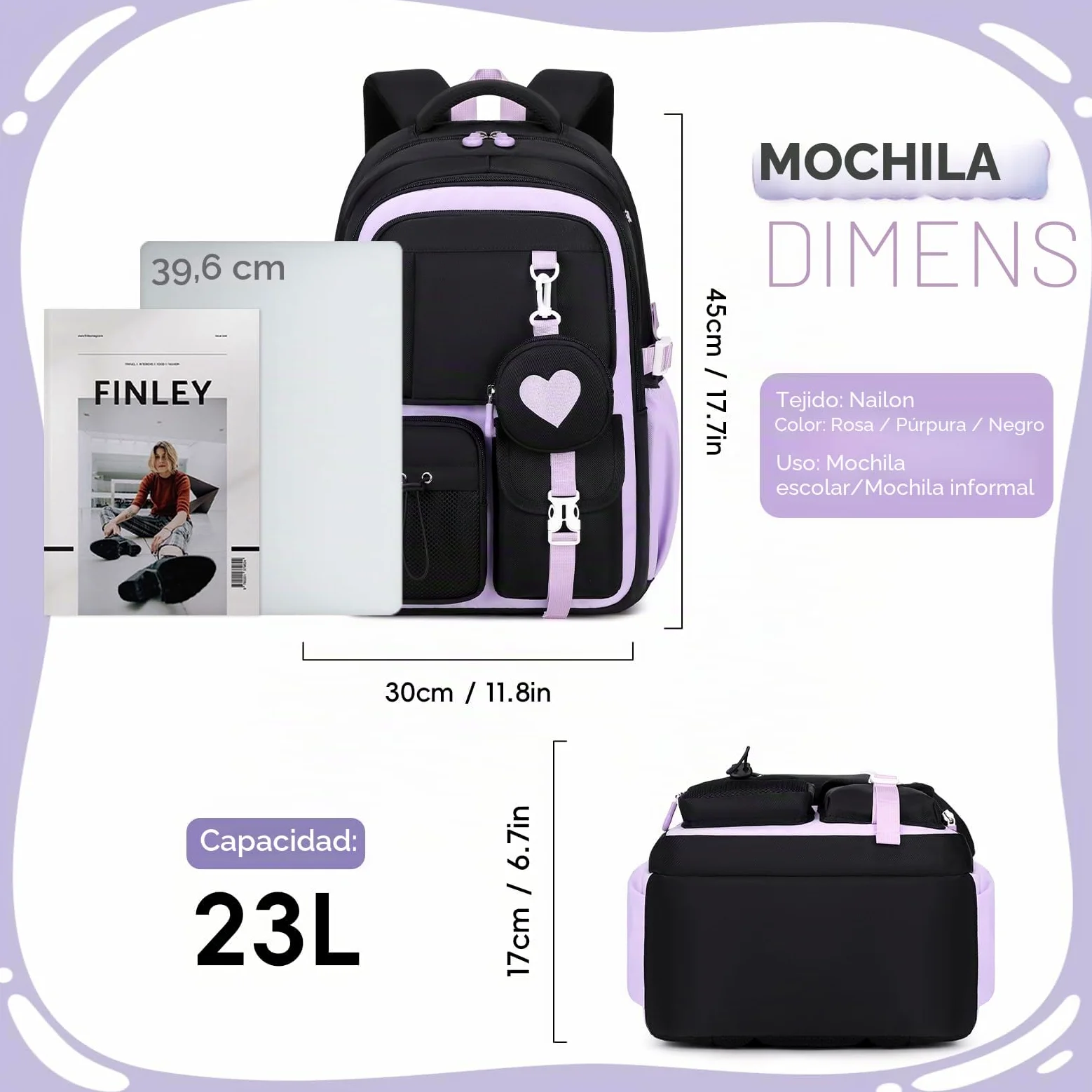 Amythe Mochila Escolar para Niñas Primaria con Bolsa de Monedas, Negro | Mochila Colegio para Chicas 8 a 12 años, Mochilas Grande para Portátil 15.6", Bolso de Viaje Casual Ligera, Apta Carro