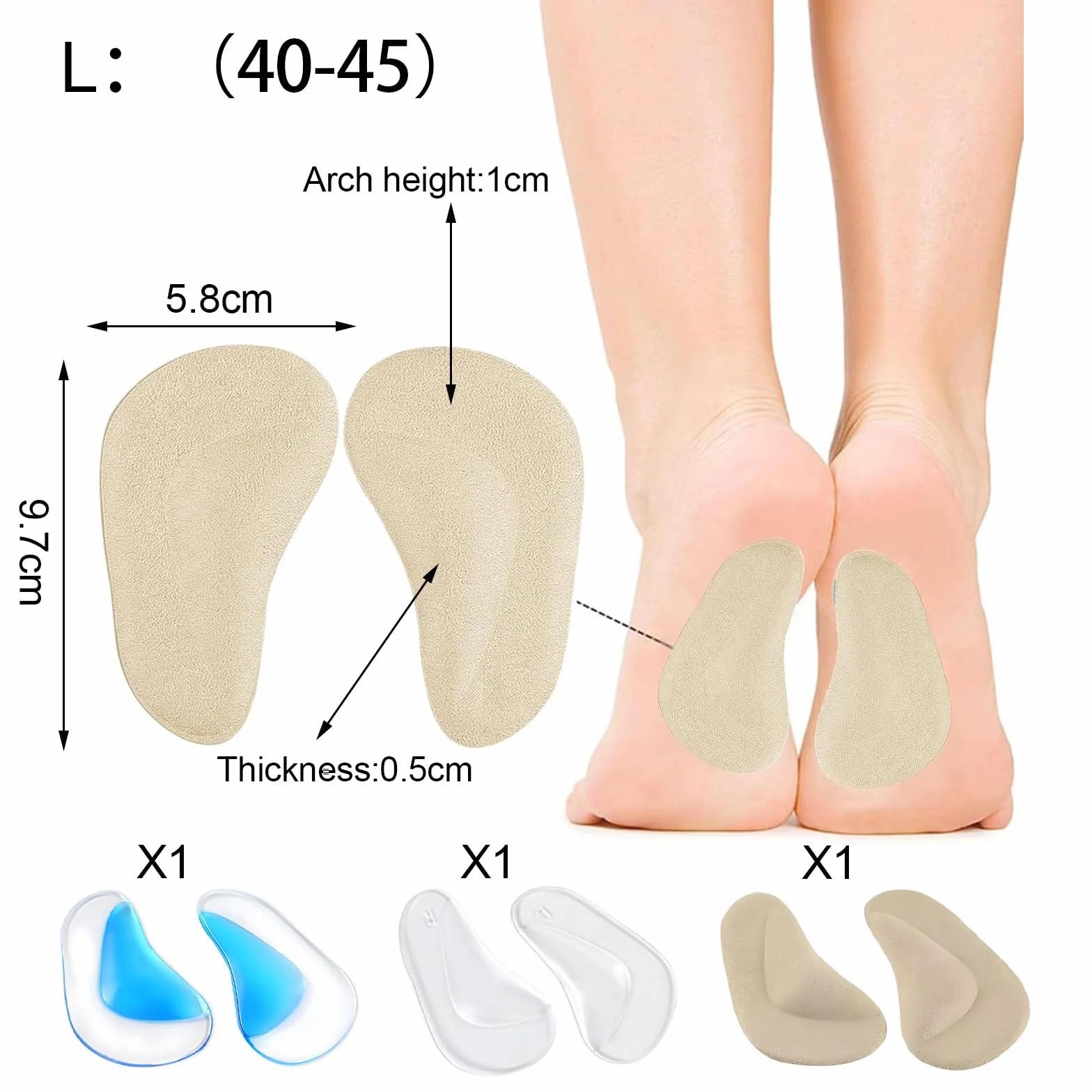 Plantillas ortopédicas de gel soporte arco para fascitis plantar - 3 pares