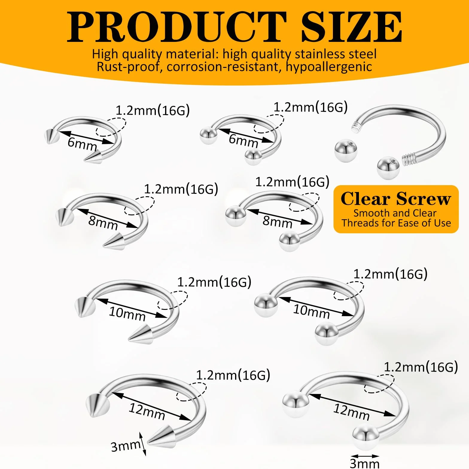 Piercings de Nariz de Acero Inoxidable 16G Bisagra Sin Costuras Herradura Joyería Cartílago Labios