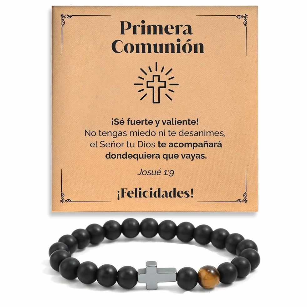 Pulsera Cruz Comunión Niño Piedras Naturales Ajustable Primera Comunión