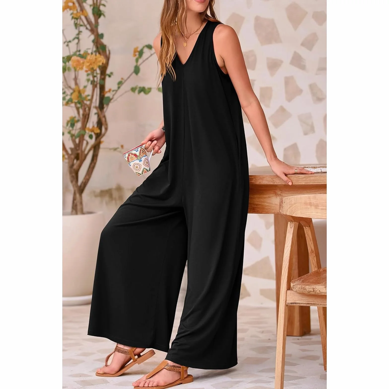 Mono Mujer Jumpsuit Sin Mangas Largo Pierna Ancha Pantalón Rompers Verano Tirantes Anchos Overol Cuello en V