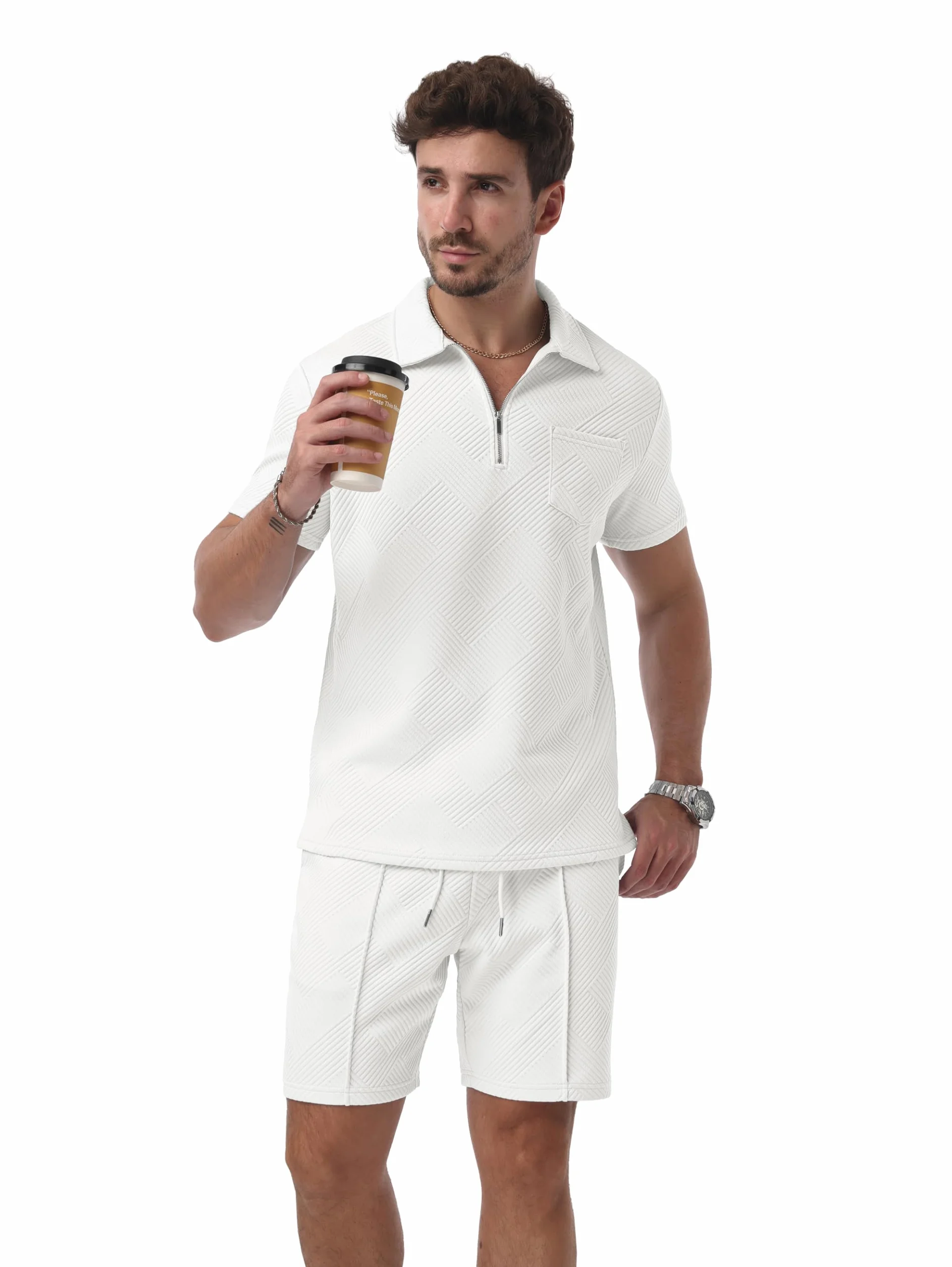 QIXING Chándal para hombre 2 piezas: pantalones cortos y camiseta media cremallera, conjunto polo manga corta