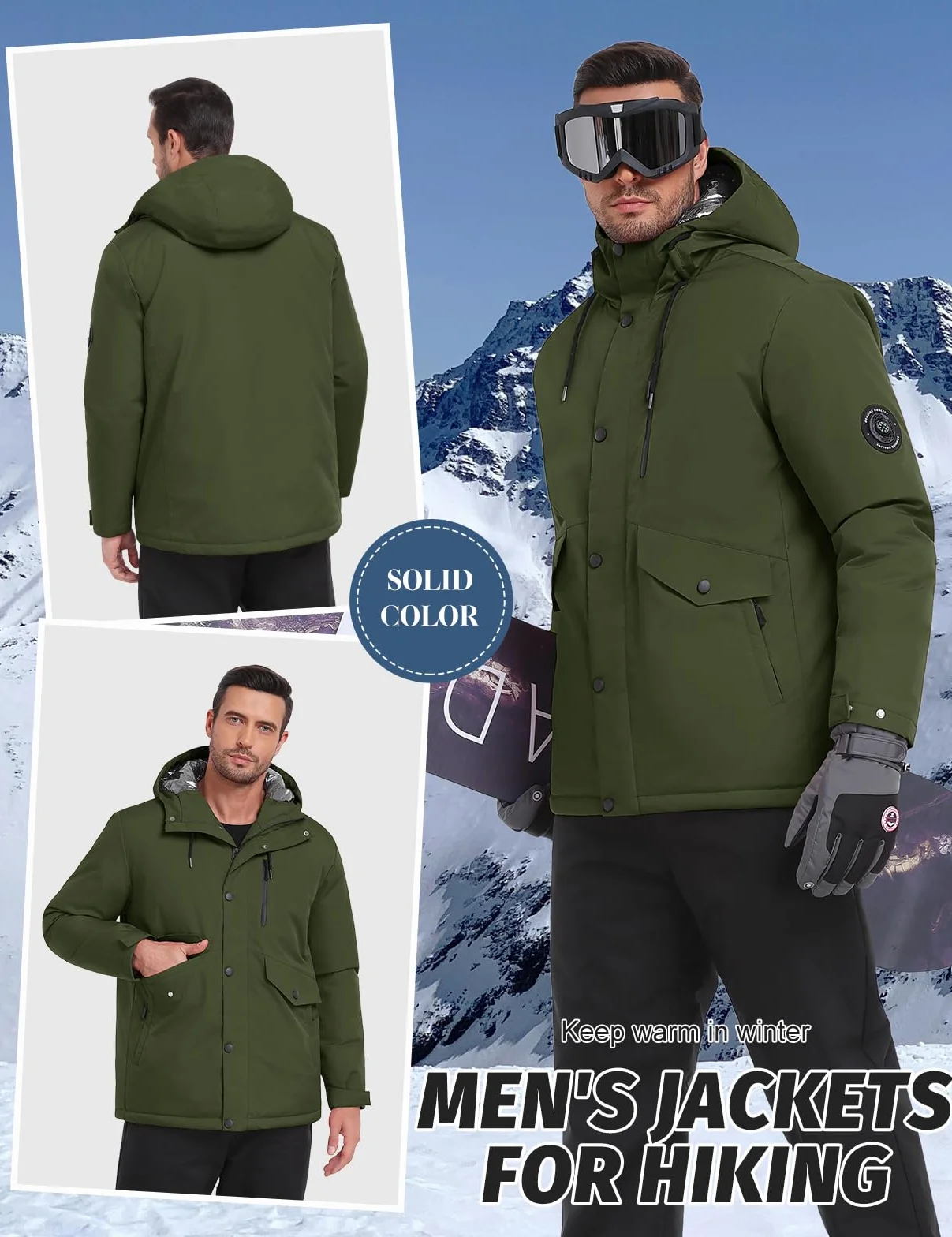 Voqeen Chaqueta de Esqui Hombre Impermeable Cazadora Cálida Aire Libre Térmica Capucha Desmontable Antiviento