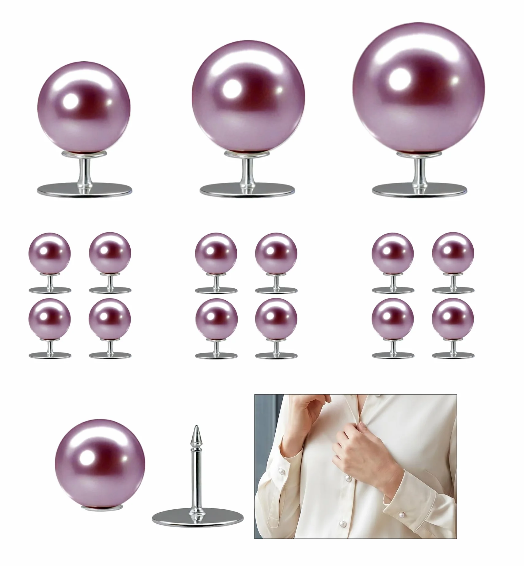 Broches para Ropa Mujer, Botones Perla sin Coser Camisa Decorativos Blancos, Pearl Buttons para Blusas Broche (Purple, Mixed Size*12)