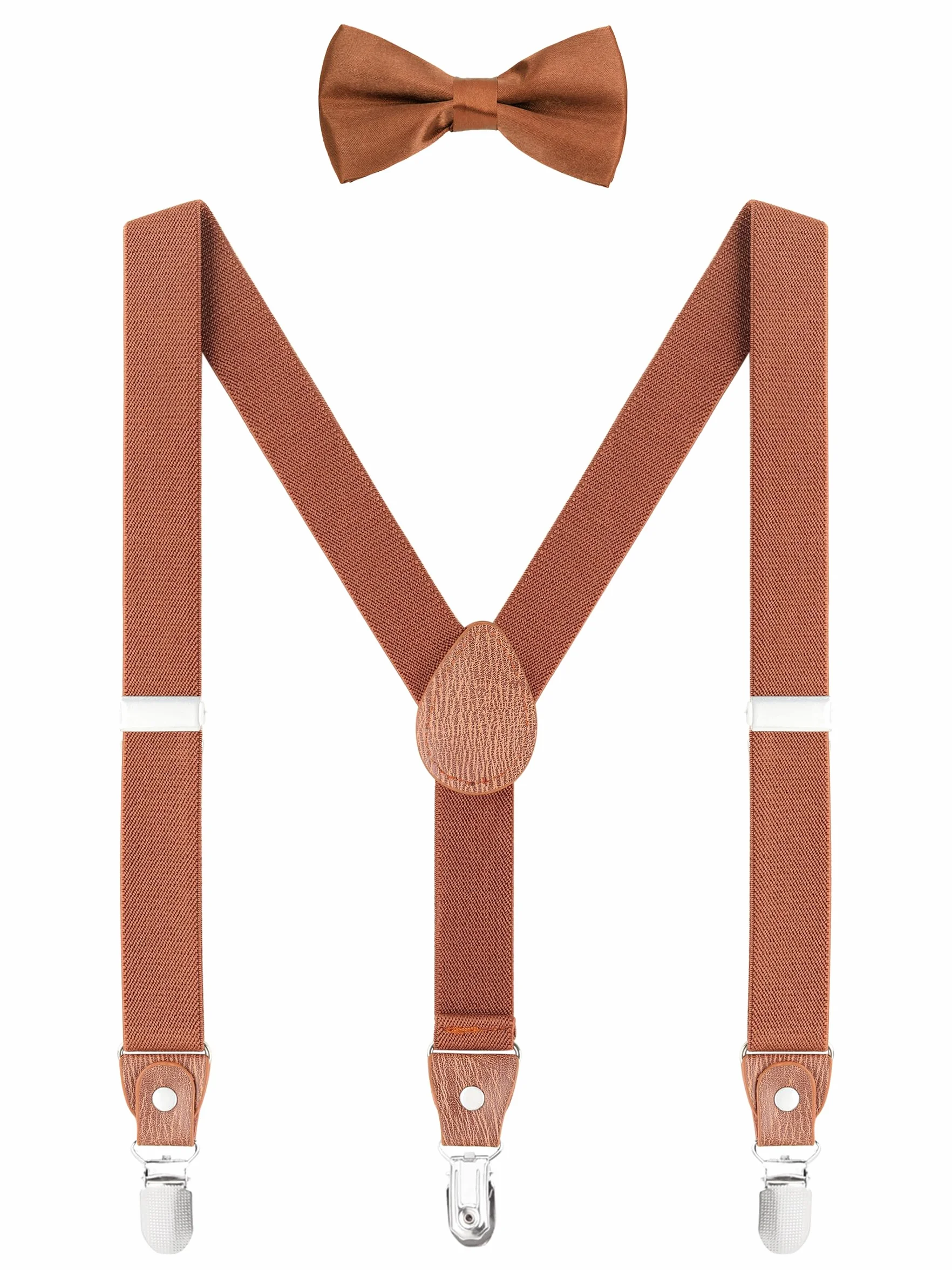 Juego de pajarita unisex para niños pequeños, forma de Y, 3 clips, ancho 2,5 cm, tirantes elásticos, marrón sólido