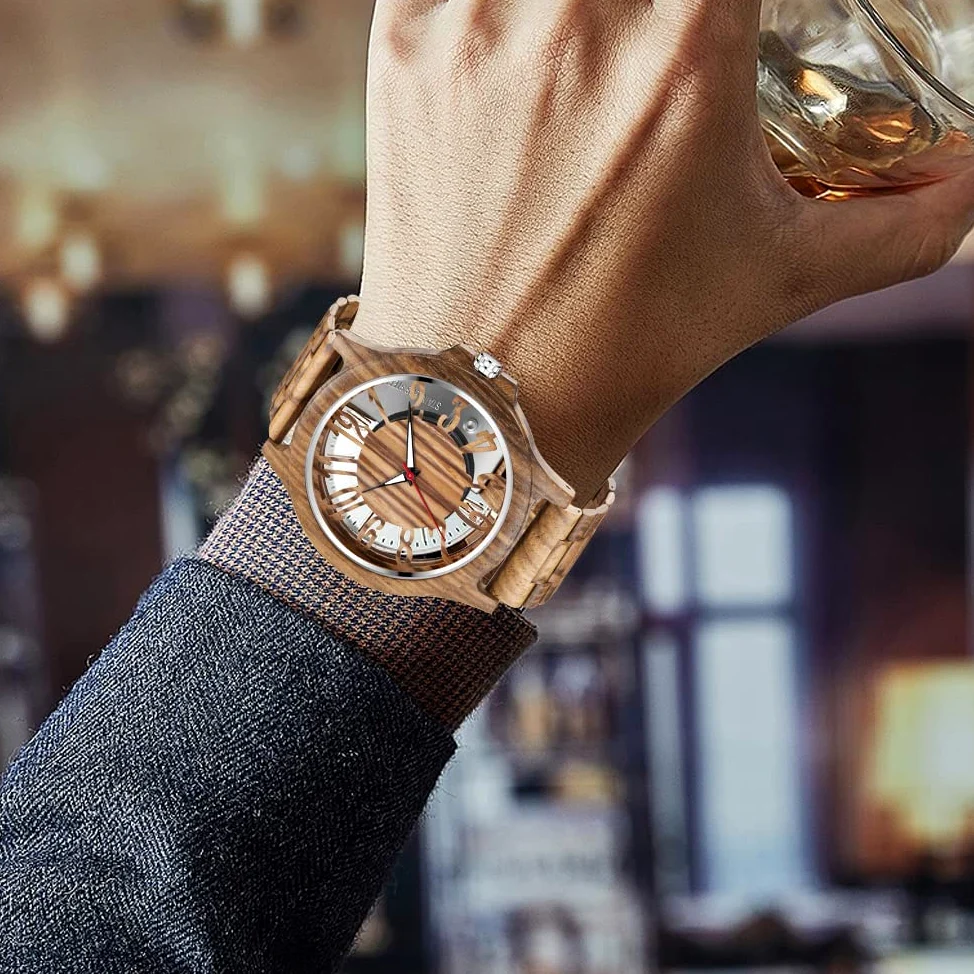 Relojes de madera para hombre, ébano, cebra, madera, cuarzo, cierre plegable, correa de madera, relojes de madera para hombre