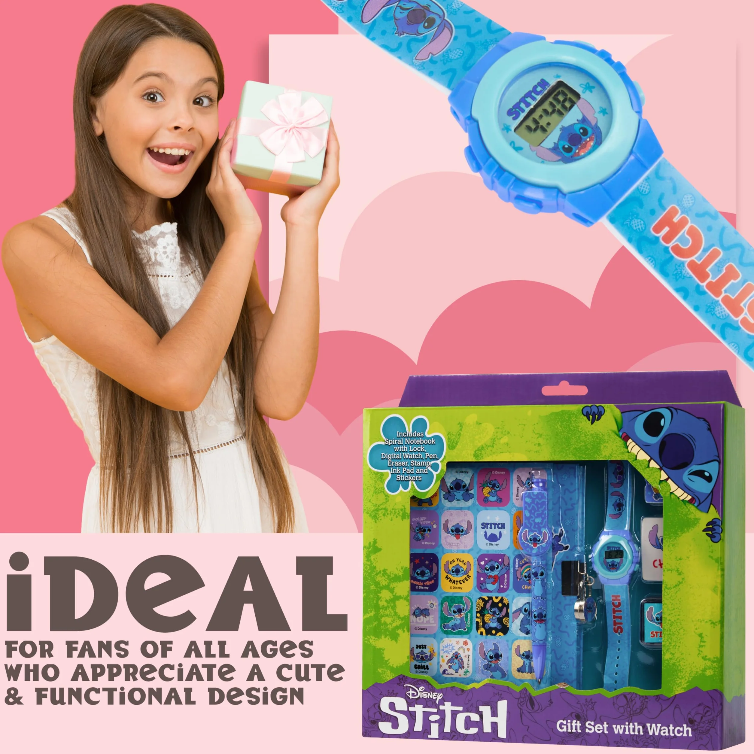 Disney Stitch Set de Regalo con Reloj Digital, Diario con Candado y Boligrafo