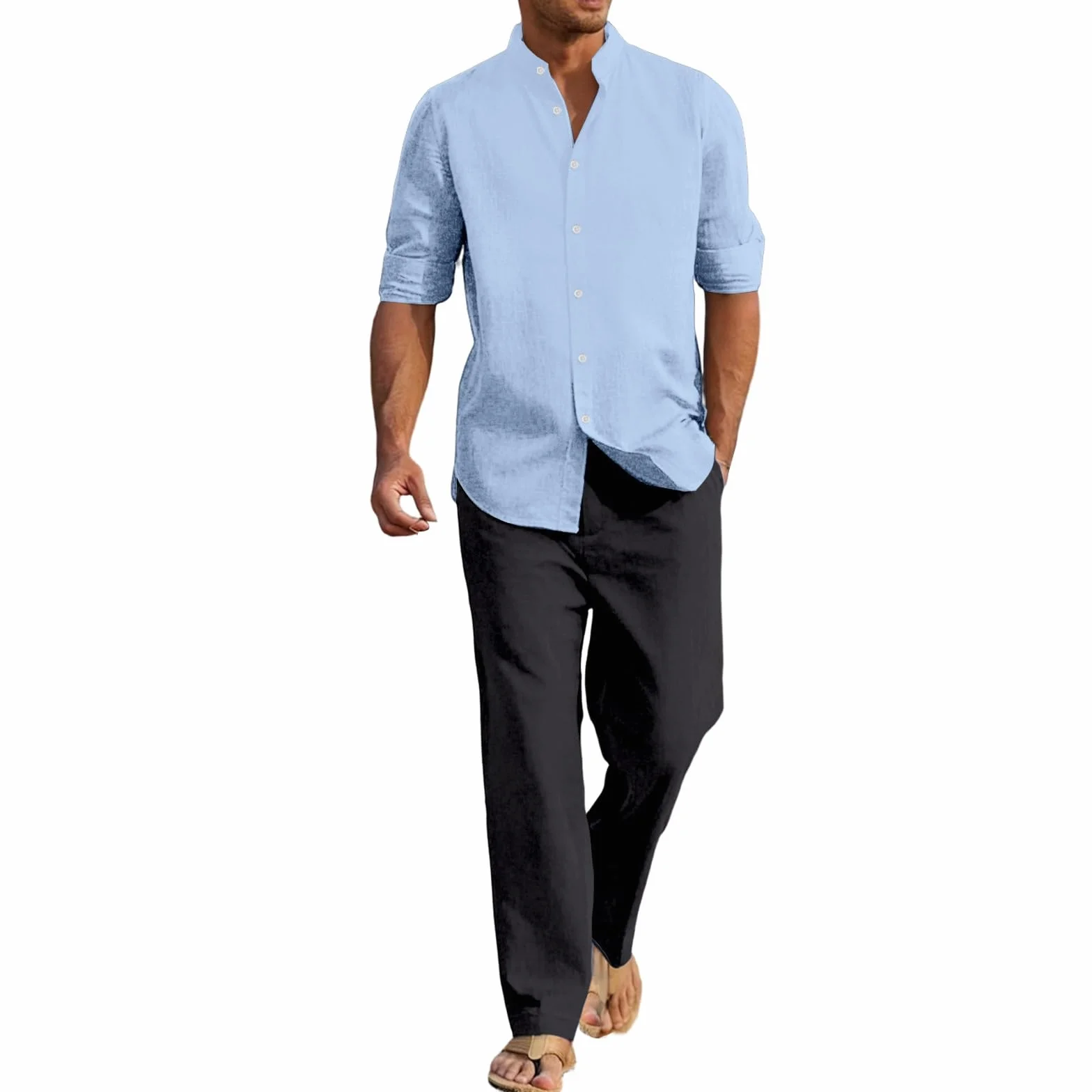 Traje de verano para hombre, camisa de lino manga larga con botón y pantalones cómodos para uso casual, playa