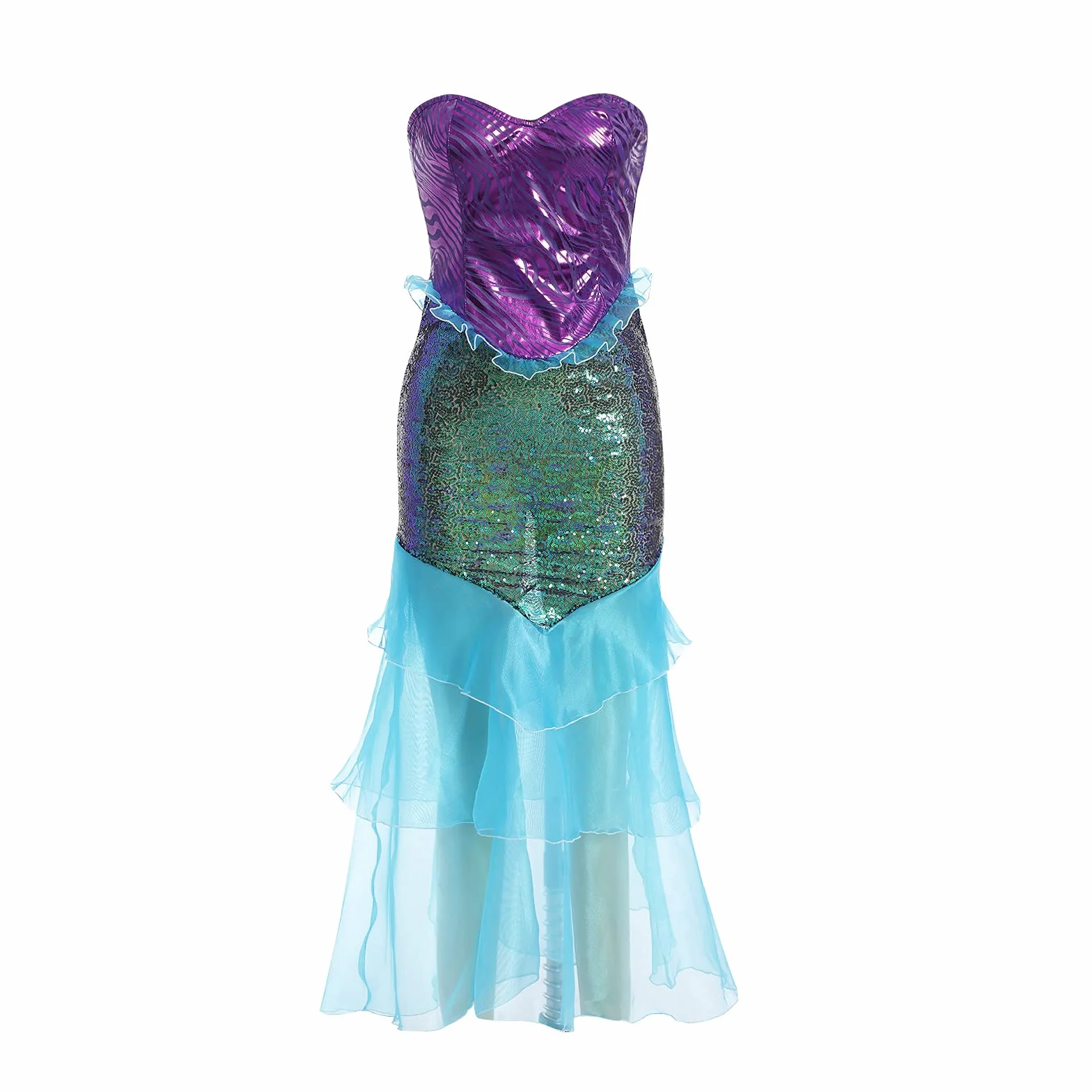 Disfraz de sirena para mujer vestido largo sin tirantes con volantes lentejuelas falda cola Halloween