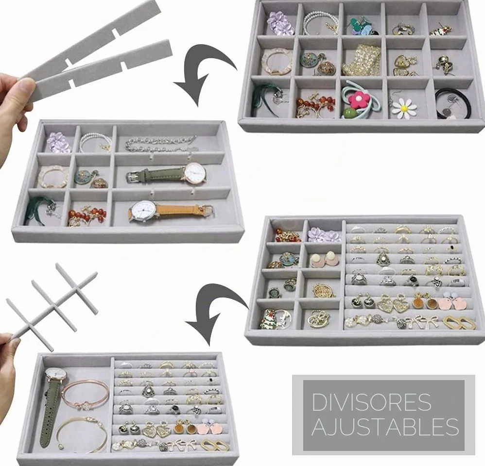 PIQIUQIU Juego de 4 bandejas apilables para joyas, organizador de joyas, almacenamiento de joyas, cajón para guardar y exhibir pendientes, collares, anillos (gris)