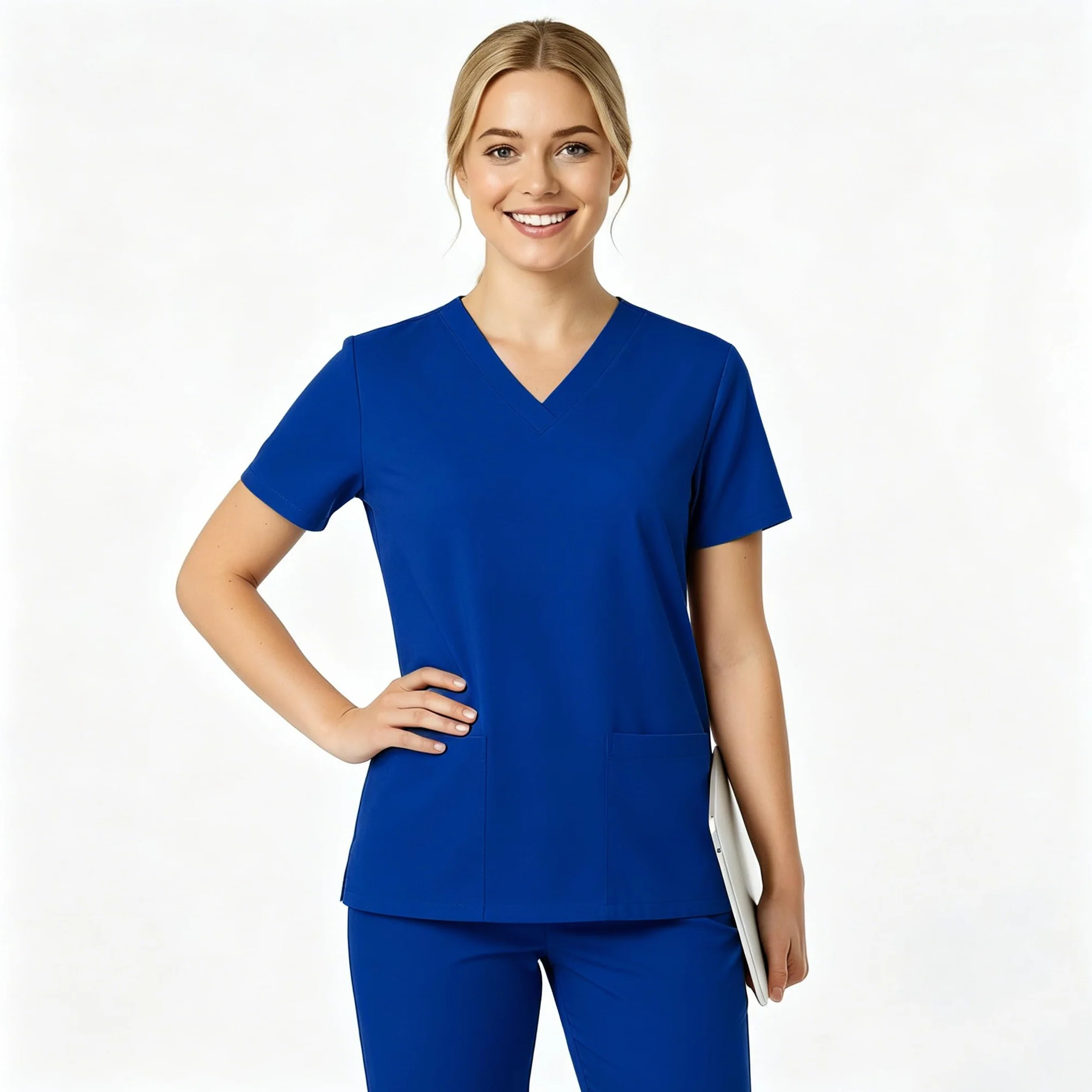 Uniformes médicos para mujer cuello en V manga corta 2 bolsillos Q-DK56