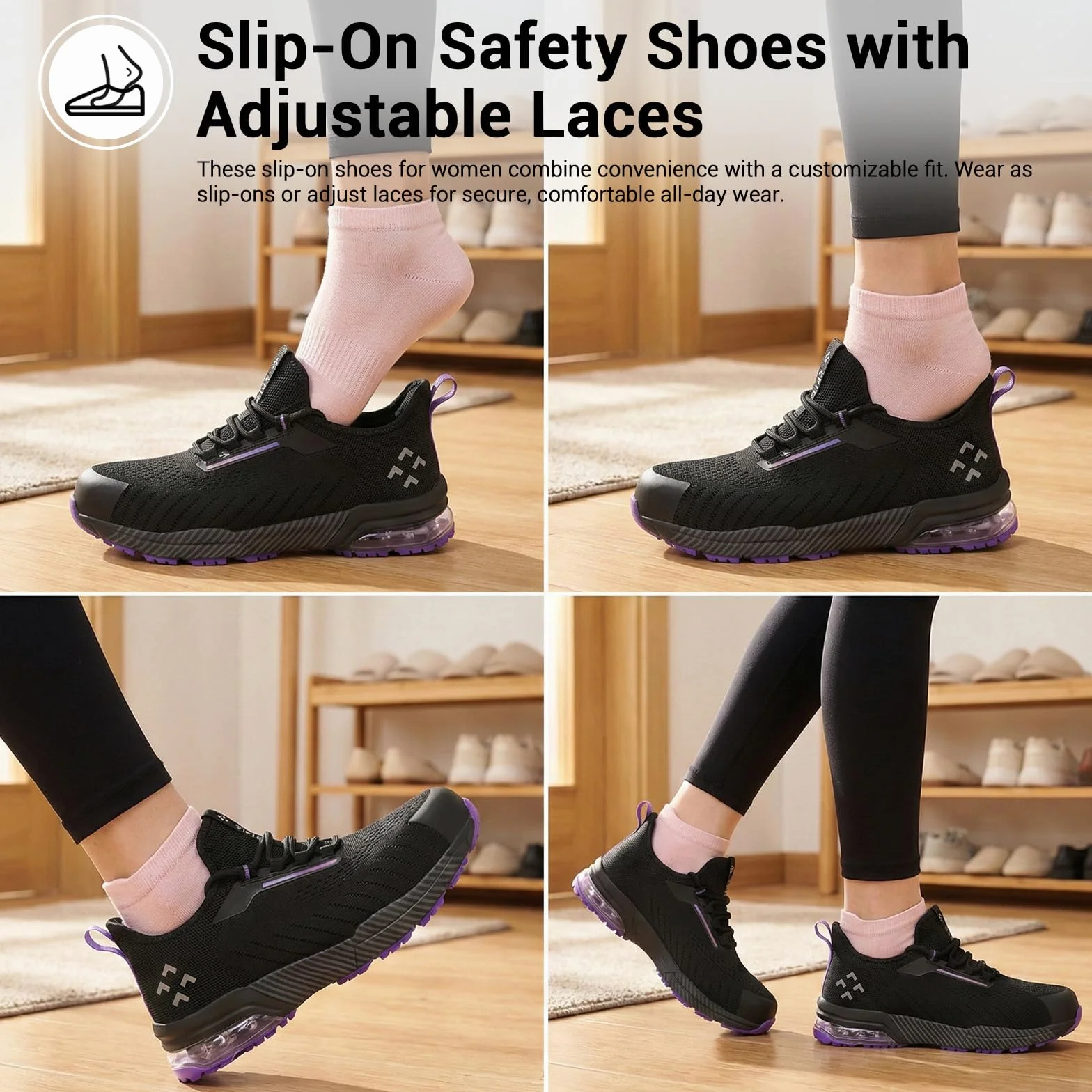 SPIEZ Zapatos Seguridad Mujer Air Cushion Slip-On Punta Composite Soporte Arco Negro-Morado EU 35-41