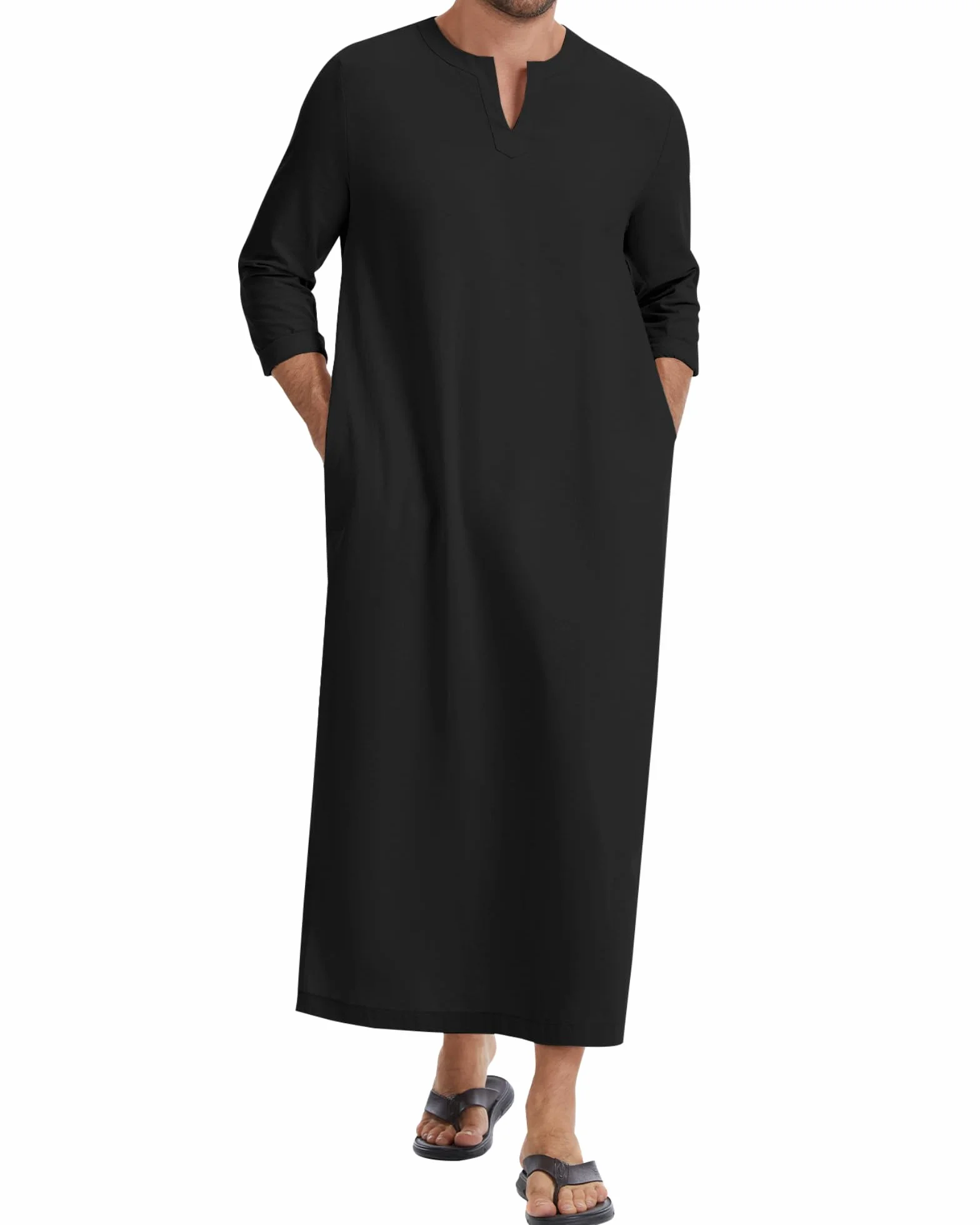 LVCBL Caftán de manga larga para hombre con bolsillos, ajuste universal, M-3XL