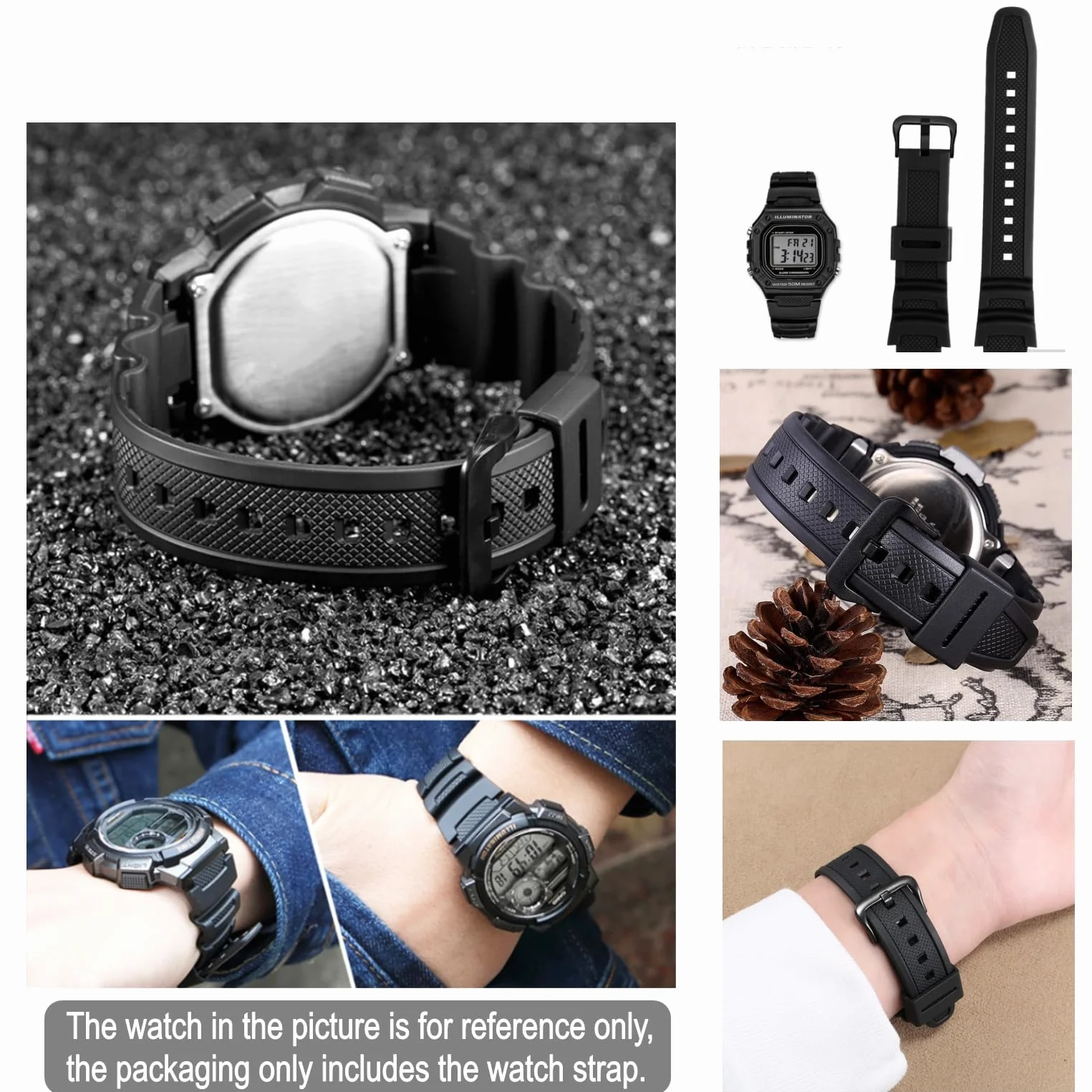 Casio AE-1300 AE-1200 SGW-300H SGW-400H SGW-500H W-218H W-219H MRW-200H Correa repuesto caucho negro 18mm impermeable