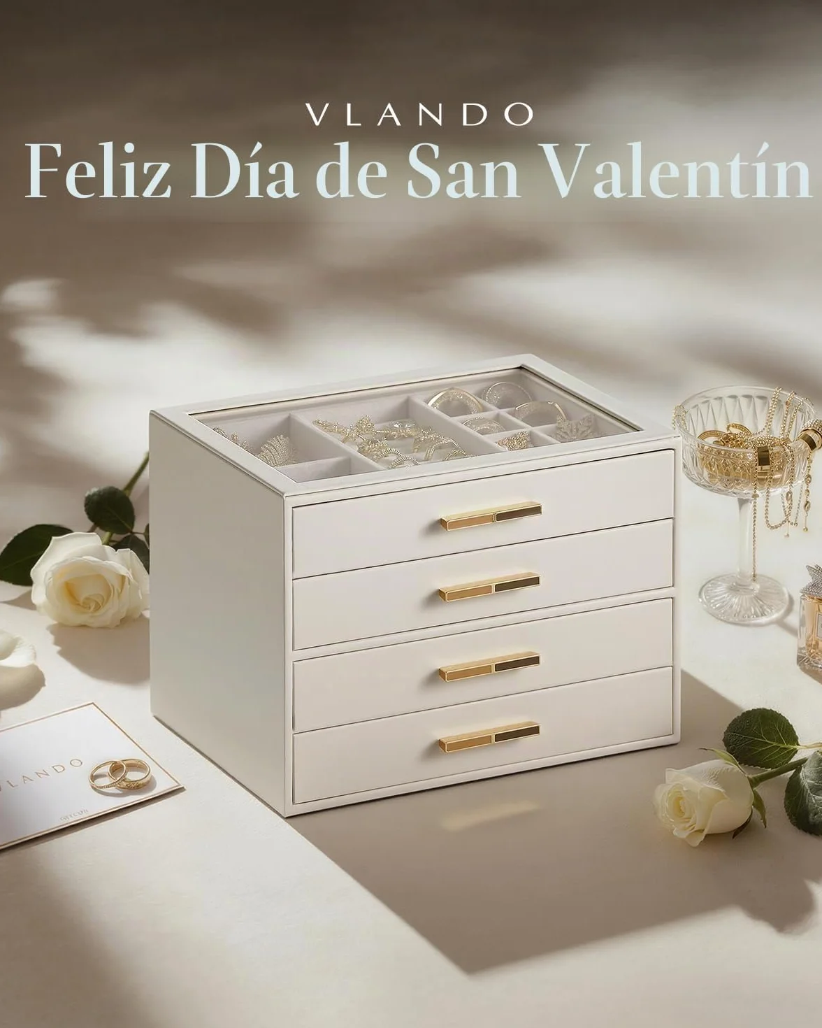 Vlando Joyero Grande Cinderella Plus con 4 Cajones y Tapa de Cristal Beige