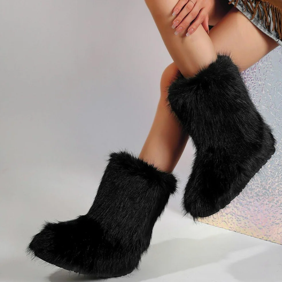 Botas De Nieve De Mapache, Botas De Piel Sintética, Botas Mullidas a Media Pantorrilla, Zapatos Planos para Exteriores para Hombres Y Mujeres, Suministros De Viento a Prueba De Invierno