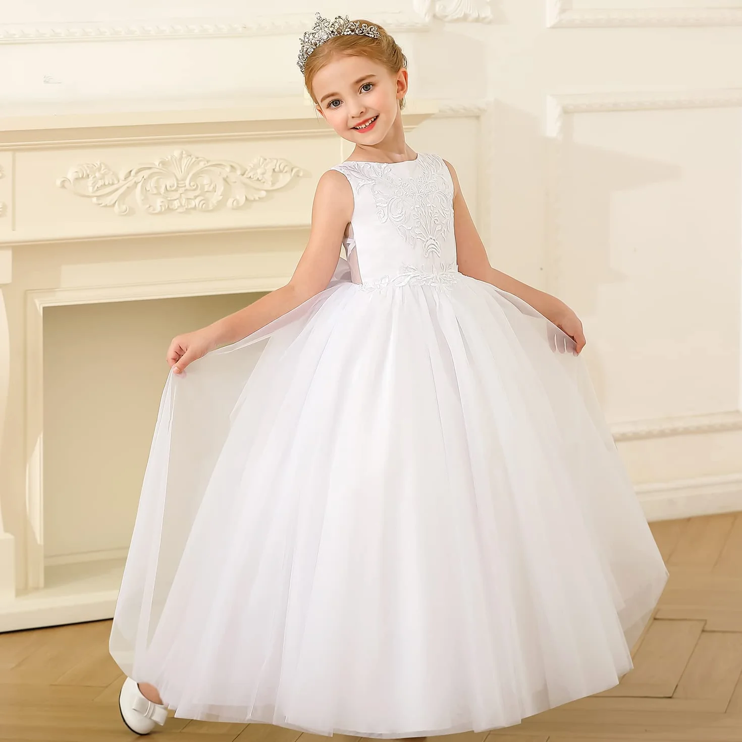 PLWEDDING Vestido de niña bordado de encaje para boda V-espalda con lazo