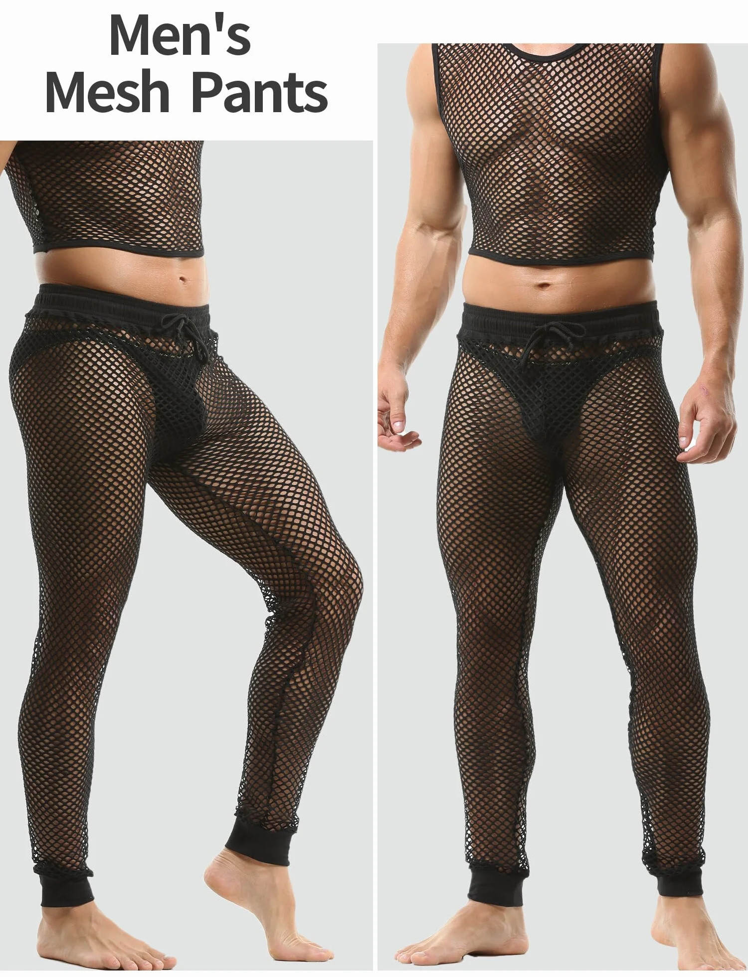 AIEOE Pantalones de malla para hombre, ropa interior de malla con cordón, cintura baja, ajuste muscular
