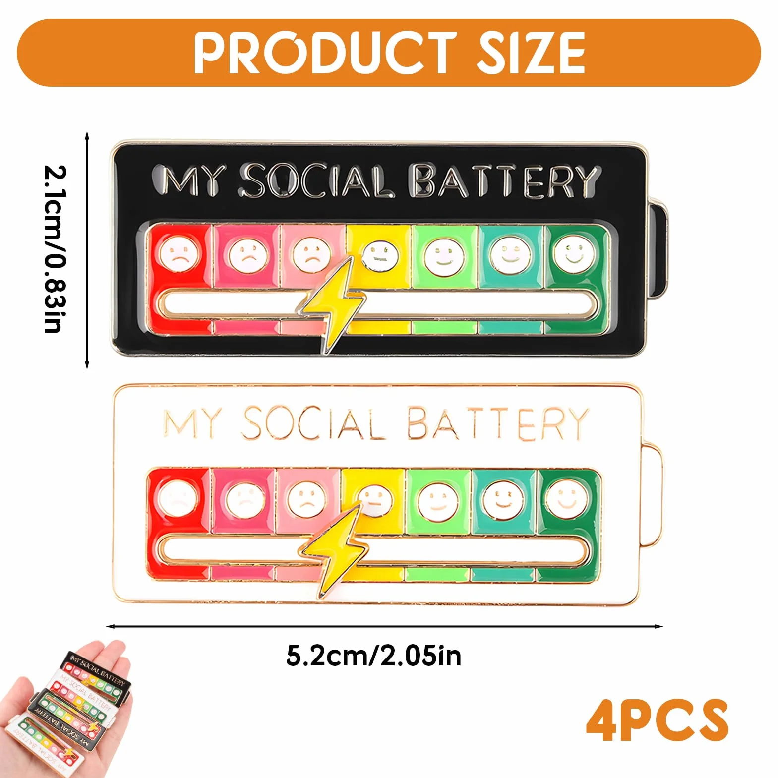 Social Battery Pin, 4 Piezas Pin de batería social, Broche para el Estado de ánimo Social 7 días, Agujas de Humor Interactivas