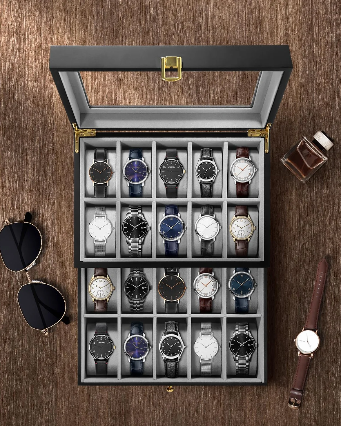 Uten Estuche para Relojes de Madera 2 Capas 20 Compartimentos Joyero