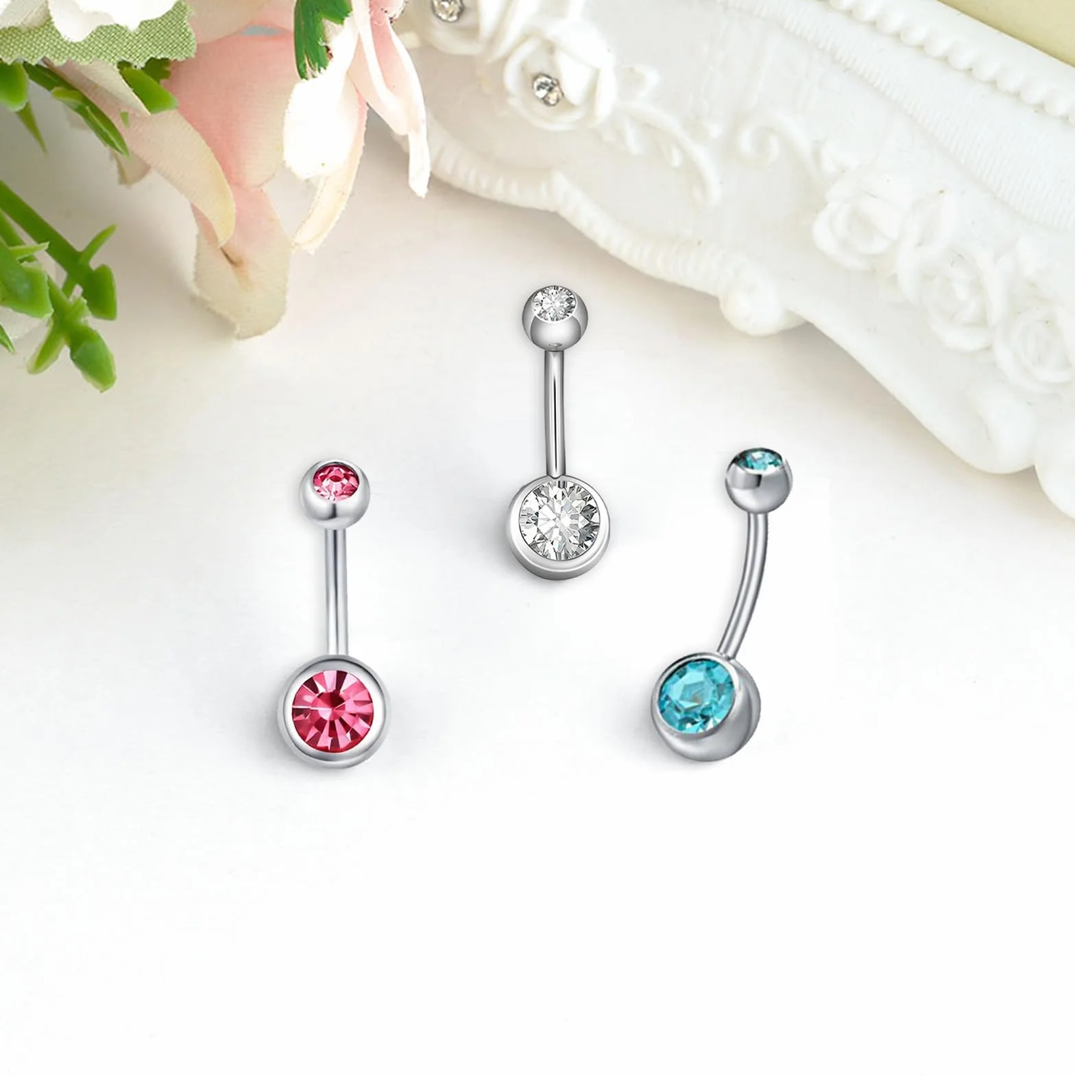 Aucuu 14G Acero Inoxidable Piercing Ombligo Barra Curvada Circonita CZ Cúbica Perla Joyería