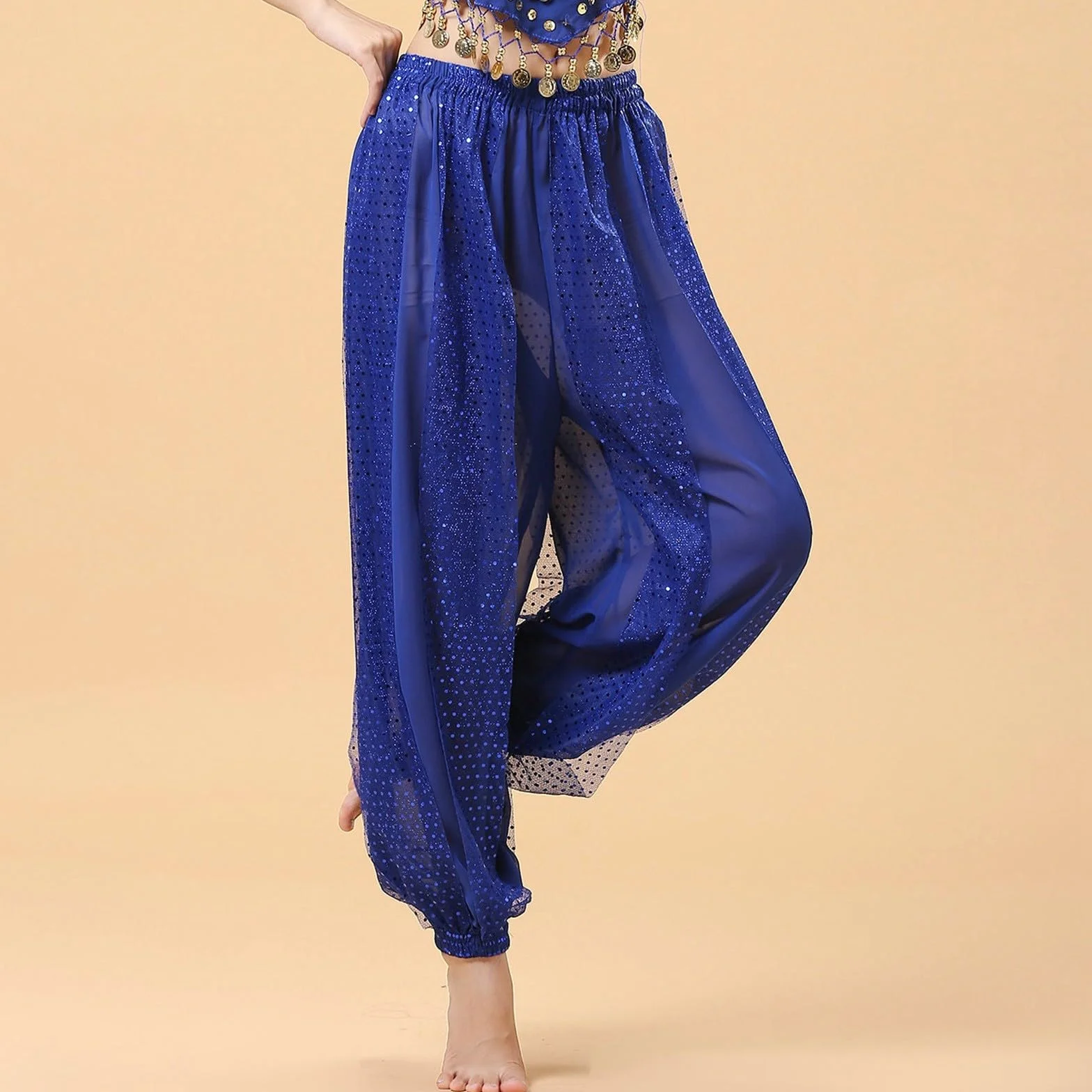 Pantalones Bombachos Danza del Vientre Árabes Tribales Gasa Mujer Suelto Brillante Lentejuelas
