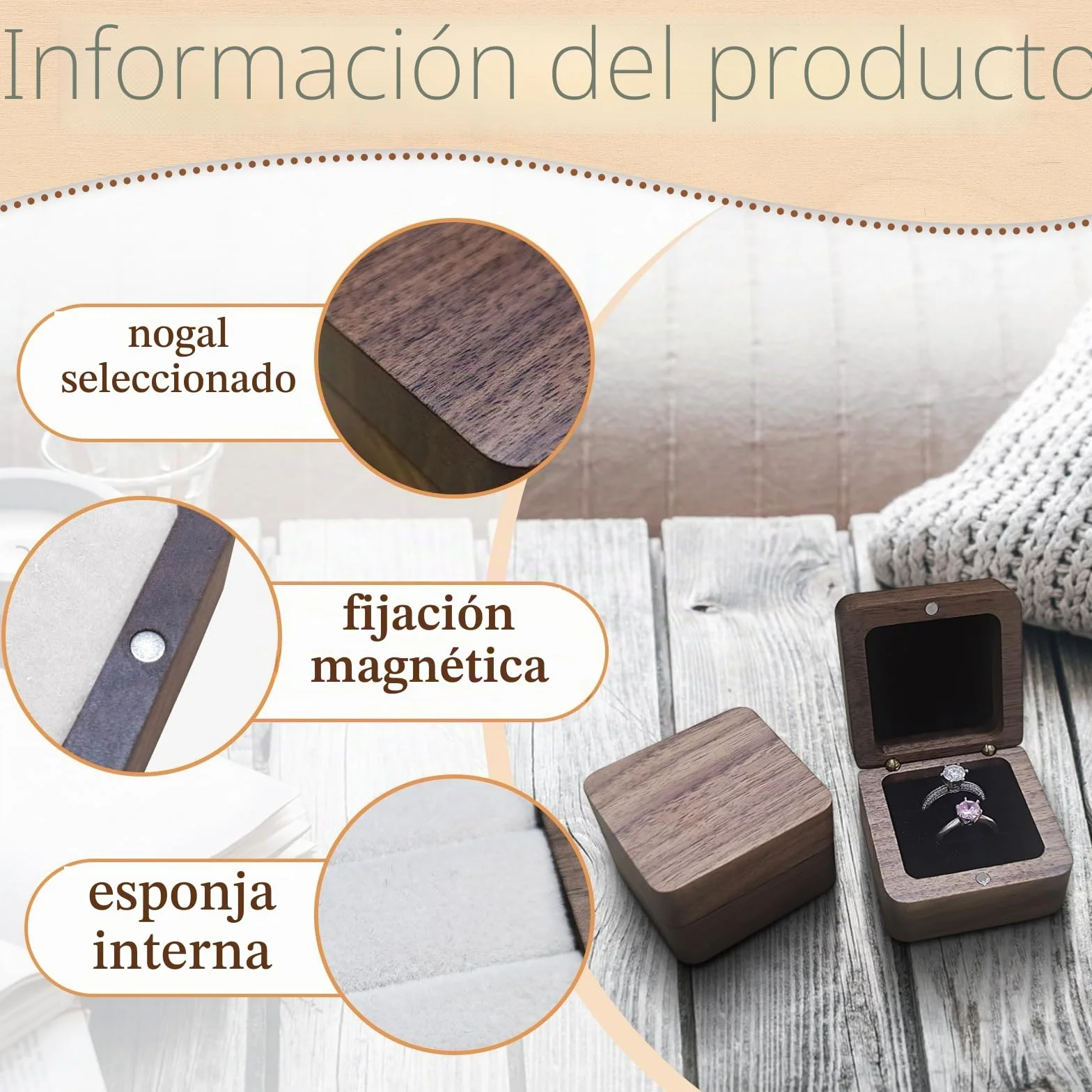 Caja Anillo de Madera Doble Ranura, Joyero Pequeño Cuadrada, Organizador Anillos de Boda (Blanco)