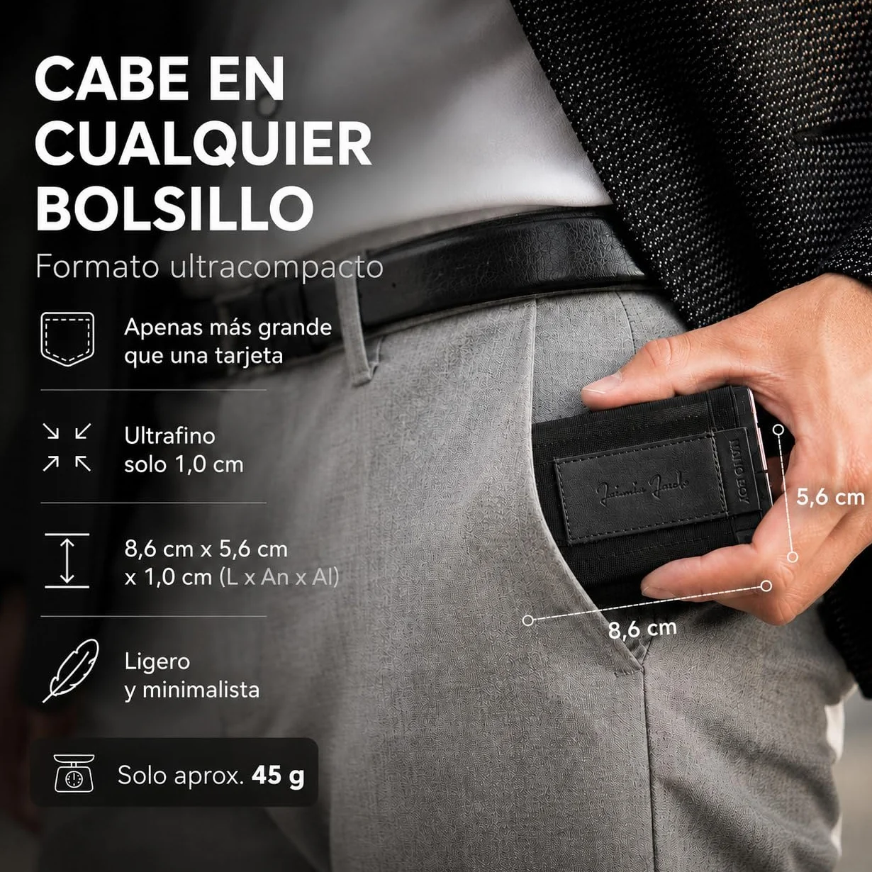 Jaimie Jacobs Nano Boy Cartera Minimalista Slim Wallet Pequeña Tarjetera Fina Pinza para Billetes Billetero Hombre (Negro)