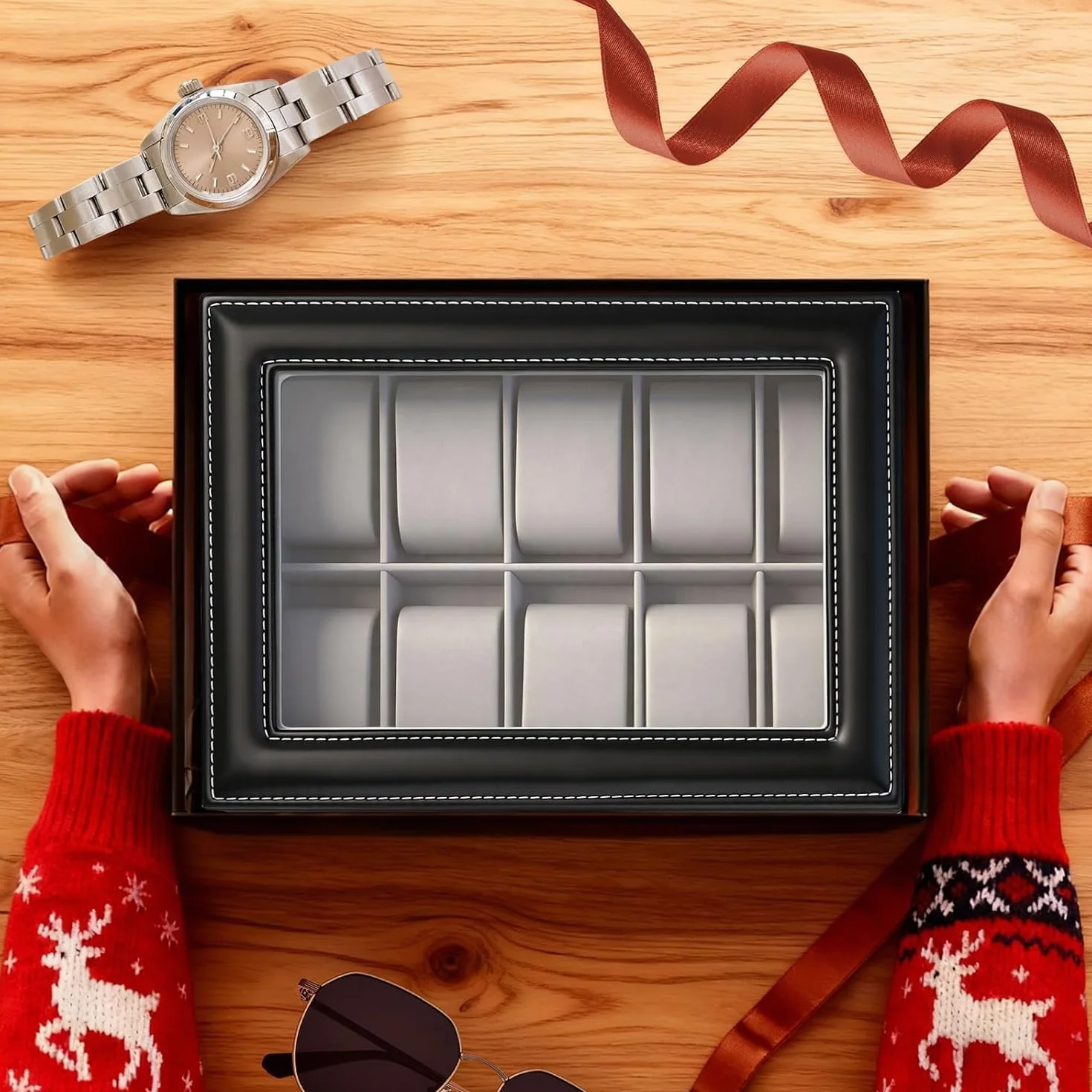 Caja de Relojes con Dos Capas, Estuche Relojero Organizador, Tapa de Cristal, PU Negro