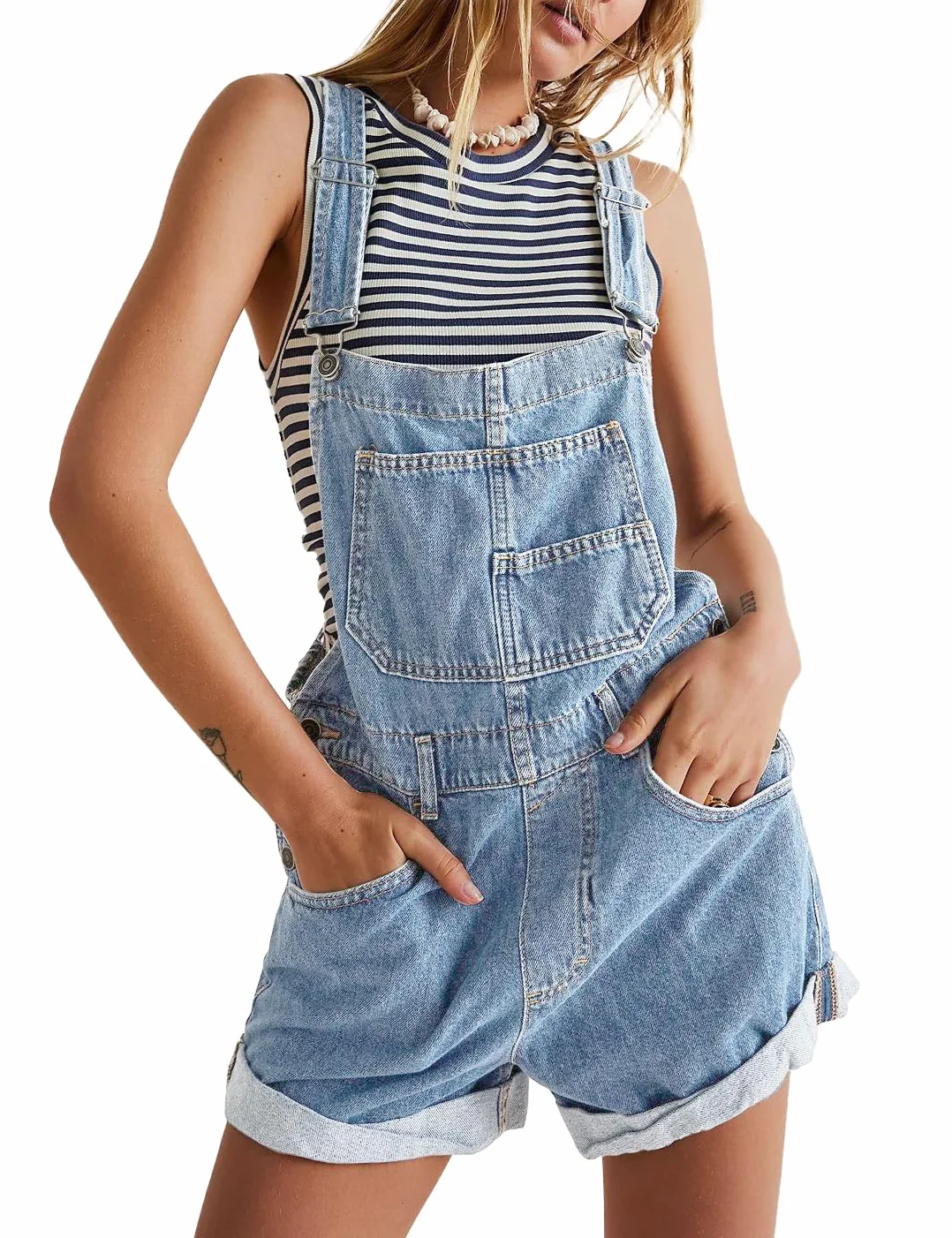 Pantalones cortos de mezclilla para mujer con peto, sueltos y ajustables