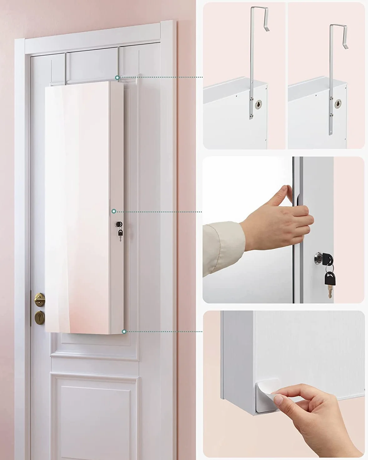 SONGMICS Armario Joyero Montado en la Pared con Luces LED y Espejo Integrado Blanco