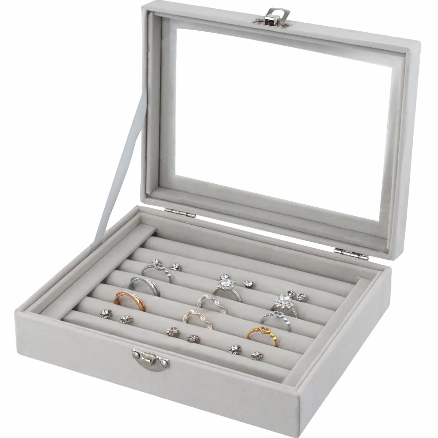 QWORK® Joyero de Terciopelo con Tapa Transparente, Organizador de Anillos 7 Compartimentos