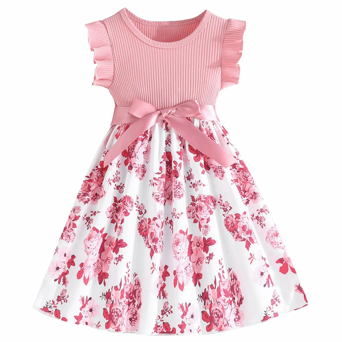 Vestido Princesa Niña Moño Flor Mangas Cortas Patrón Mariposa Fiesta Verano 4-8 años