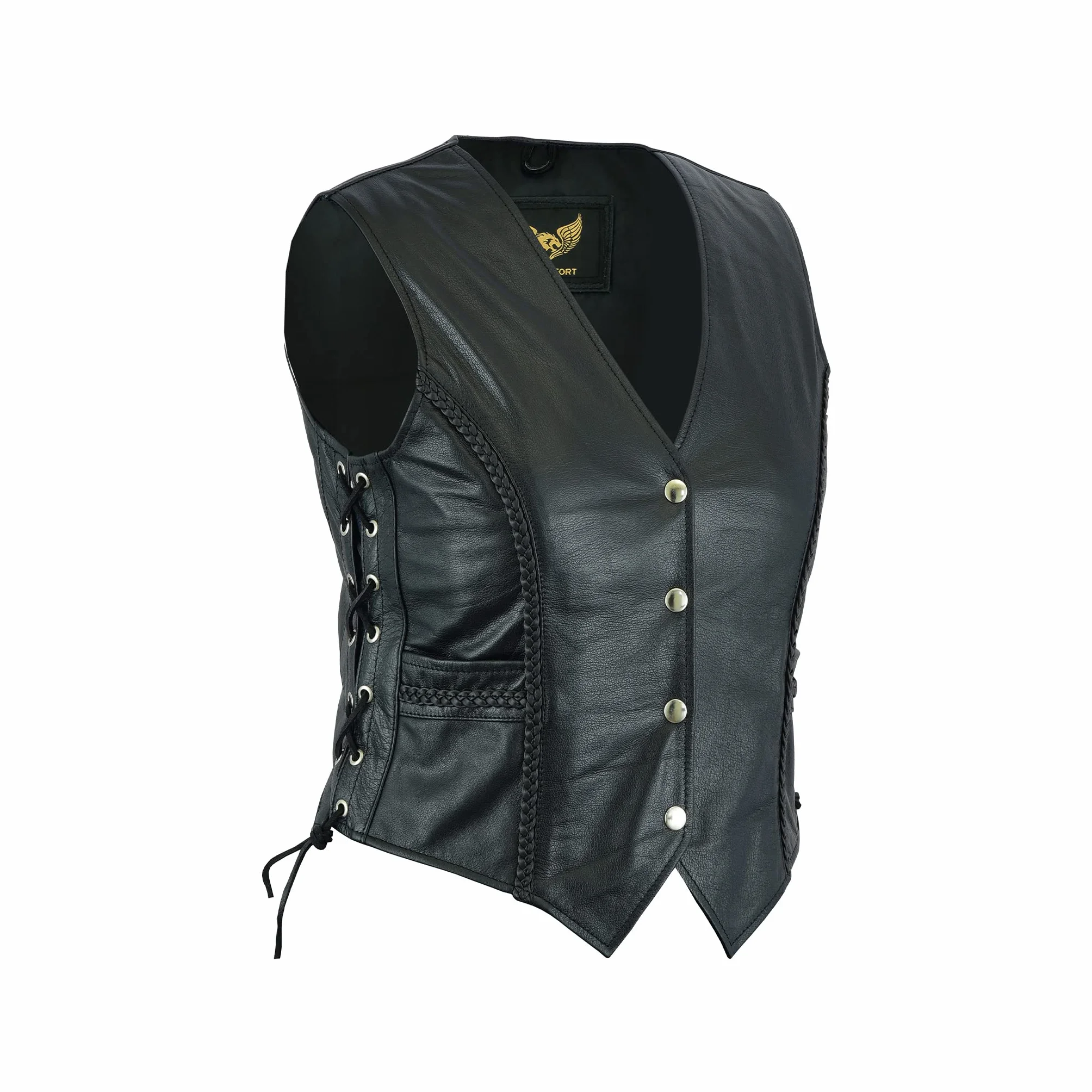 Leatherick Chaleco estilo motorista trenzado de cuero para mujer para chaqueta/chaleco sin mangas casual y de moda