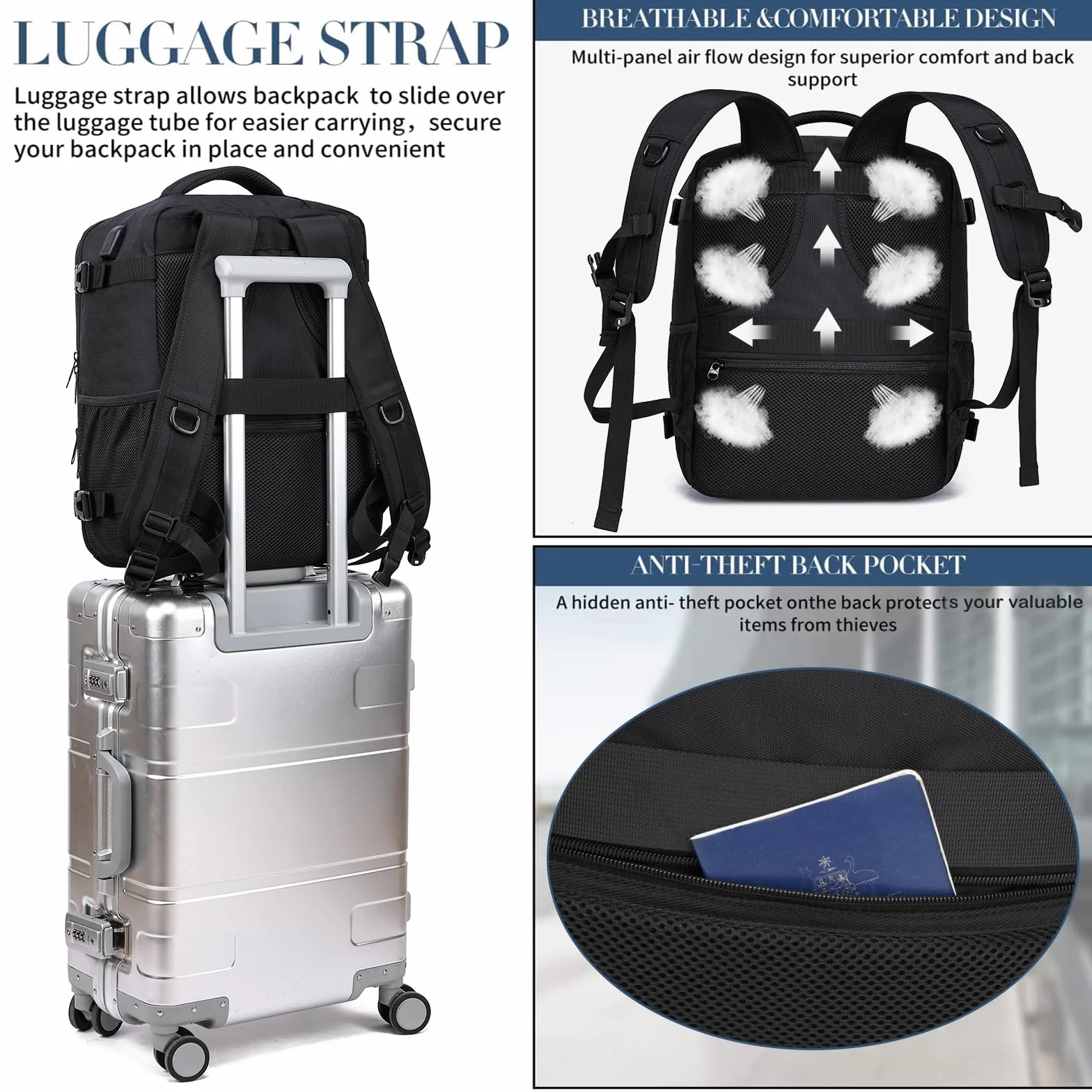 PUSLOM Mochila Viaje Cabina Avion 40x30x20 24L Bolsa Viaje Hombre Mujer Portatil 14 Pulgadas USB Negro